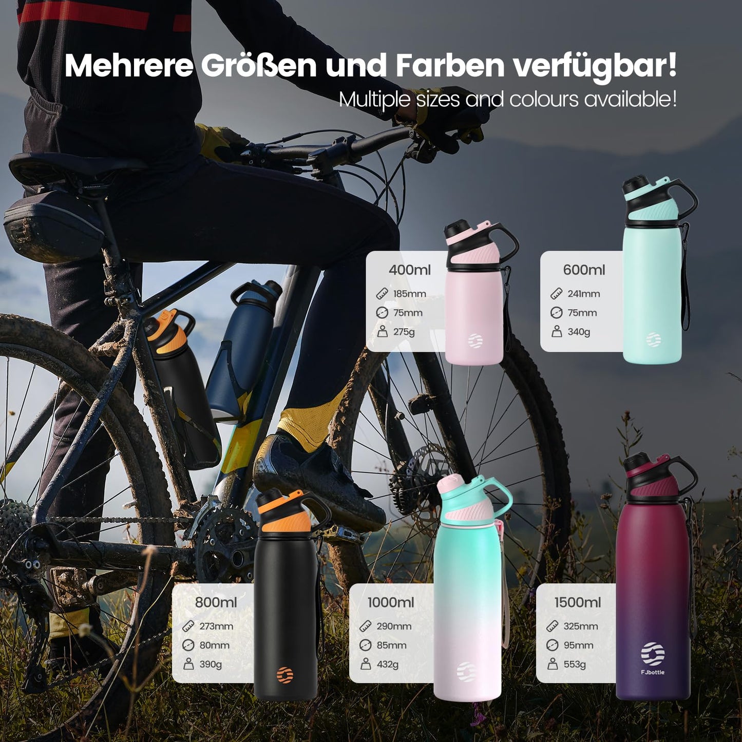 Fjbottle Edelstahl Trinkflasche Sport mit Magnetischem Deckel 1L, 800ml, 600ml, 400ml BPA-Frei Auslaufsichere Kinder Flasche - Kohlensäure geeignet 1500ML Wasserflasche Thermo für Schule, Fitness