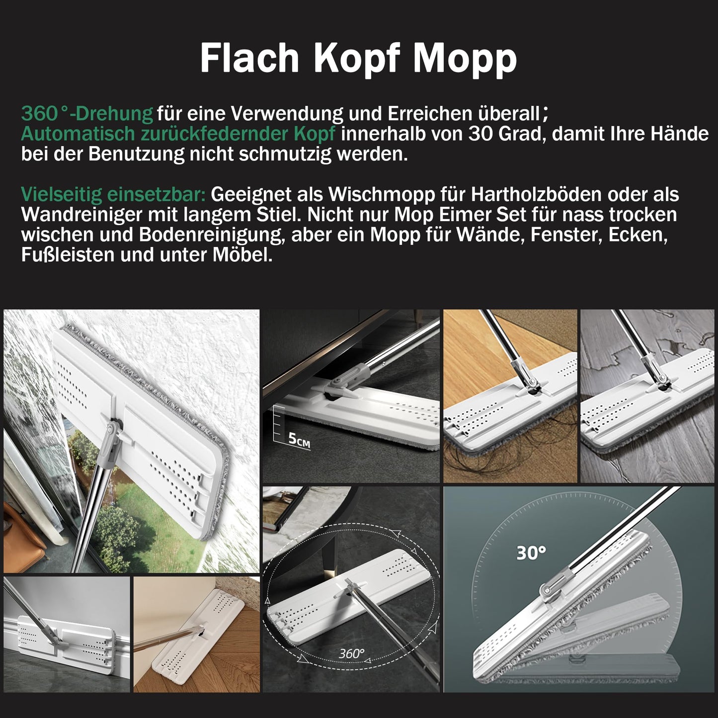 JOYMOOP Mop und Eimer mit Wringer Set, Hands Free Flat Floor Mop und Eimer, mit 5 waschbaren Mikrofaserpads, Nass- und Trockeneinsatz, Bodenreinigungssystem