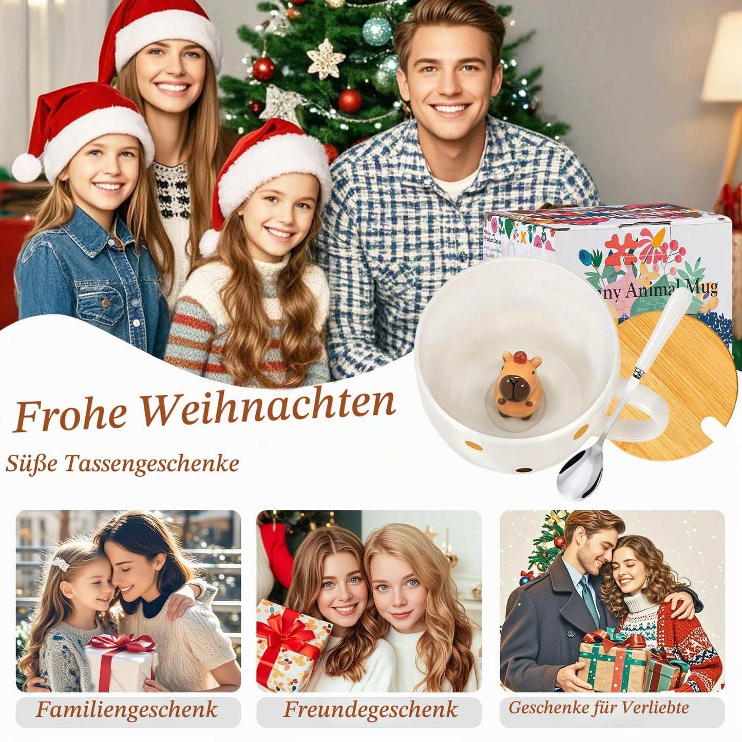 BigNoseDeer Süße Sachen Keramik Katze Kaffeetasse Teetasse Deckel Löffel Lustige Tassen Geschenke für Frauen Kaffeebecher 3D Tasse Personalisiert Cappuccino Tasse Beste Freundin Weihnachten Geschenk
