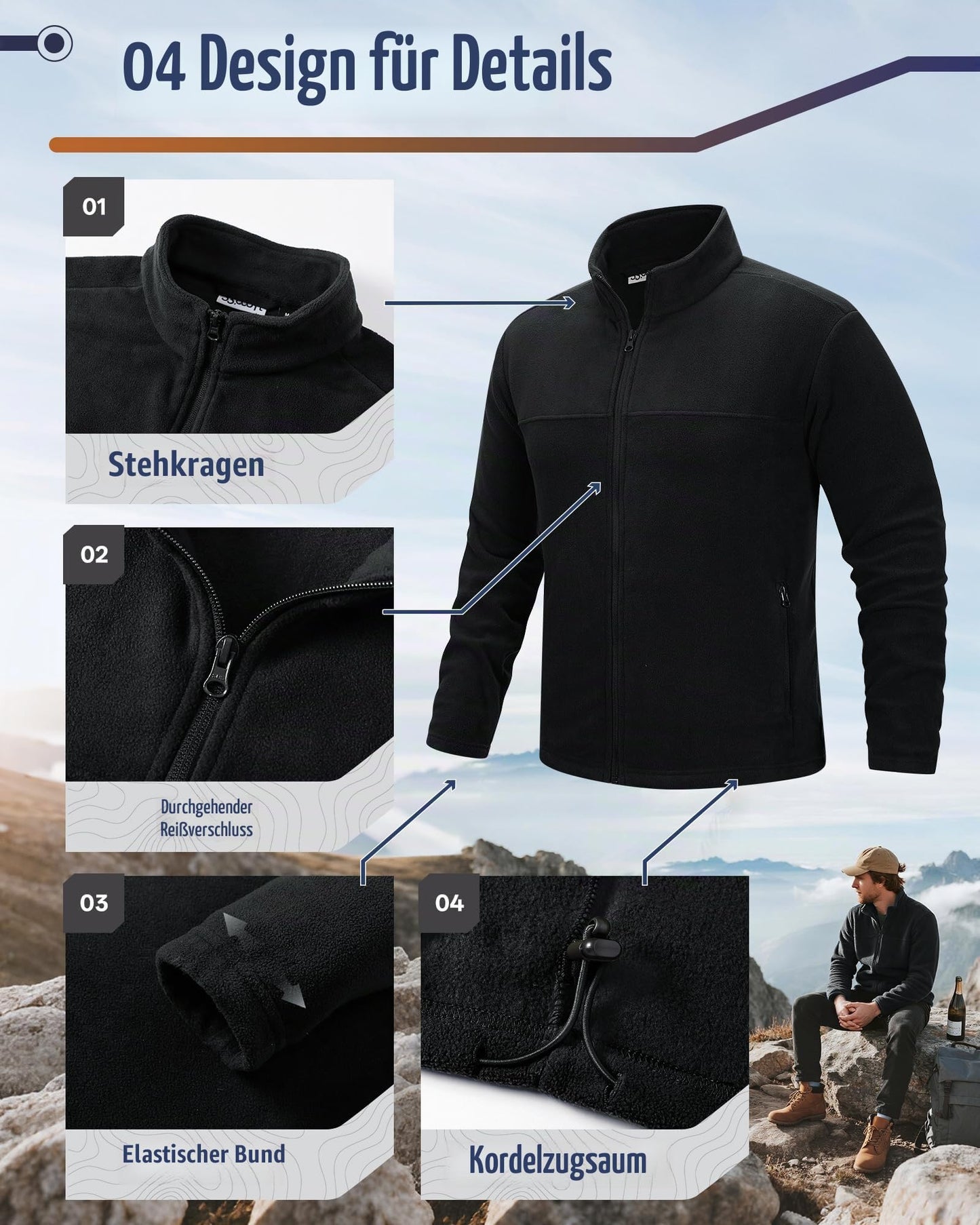 33,000ft Herren Fleecejacke Leicht Strickjacke Warm Übergangsjacke