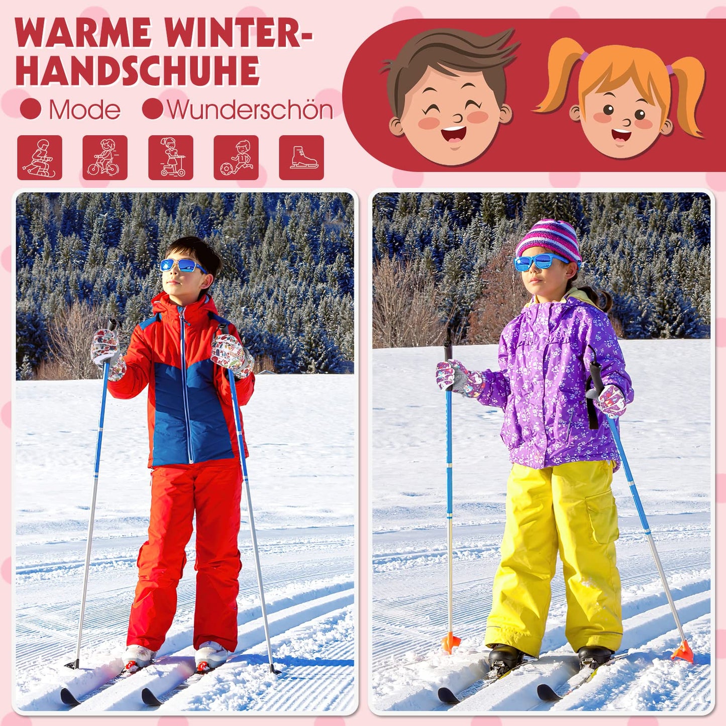 WESTGIRL Children’s Winter Gloves, Windproof, Warm Ski Gloves, Thermal Fleece, Water-Repellent Cartoon Snow Gloves, Outdoor Gloves for Snowboarding, Cycling, for Boys and Girls Aged 3–12 Years