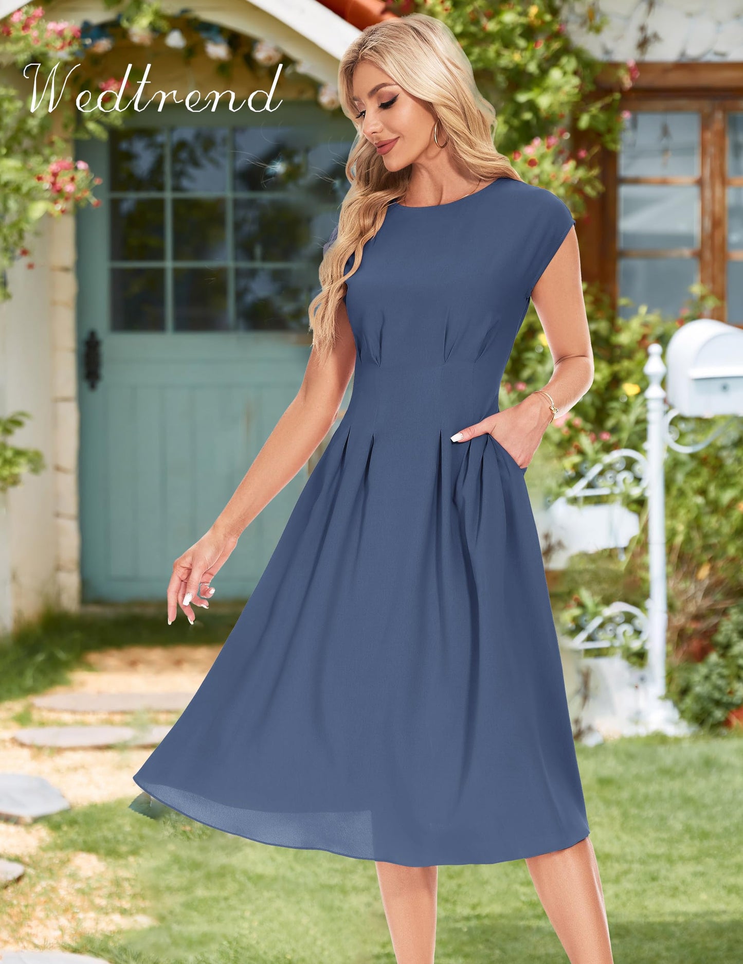 Wedtrend Cocktailkleid Damen Elegant Rockabilly Kleider Damen Midi Cap Sleeves Kleid Festlich Damen 50er Vintage A Linie Abendkleid mit Taschen