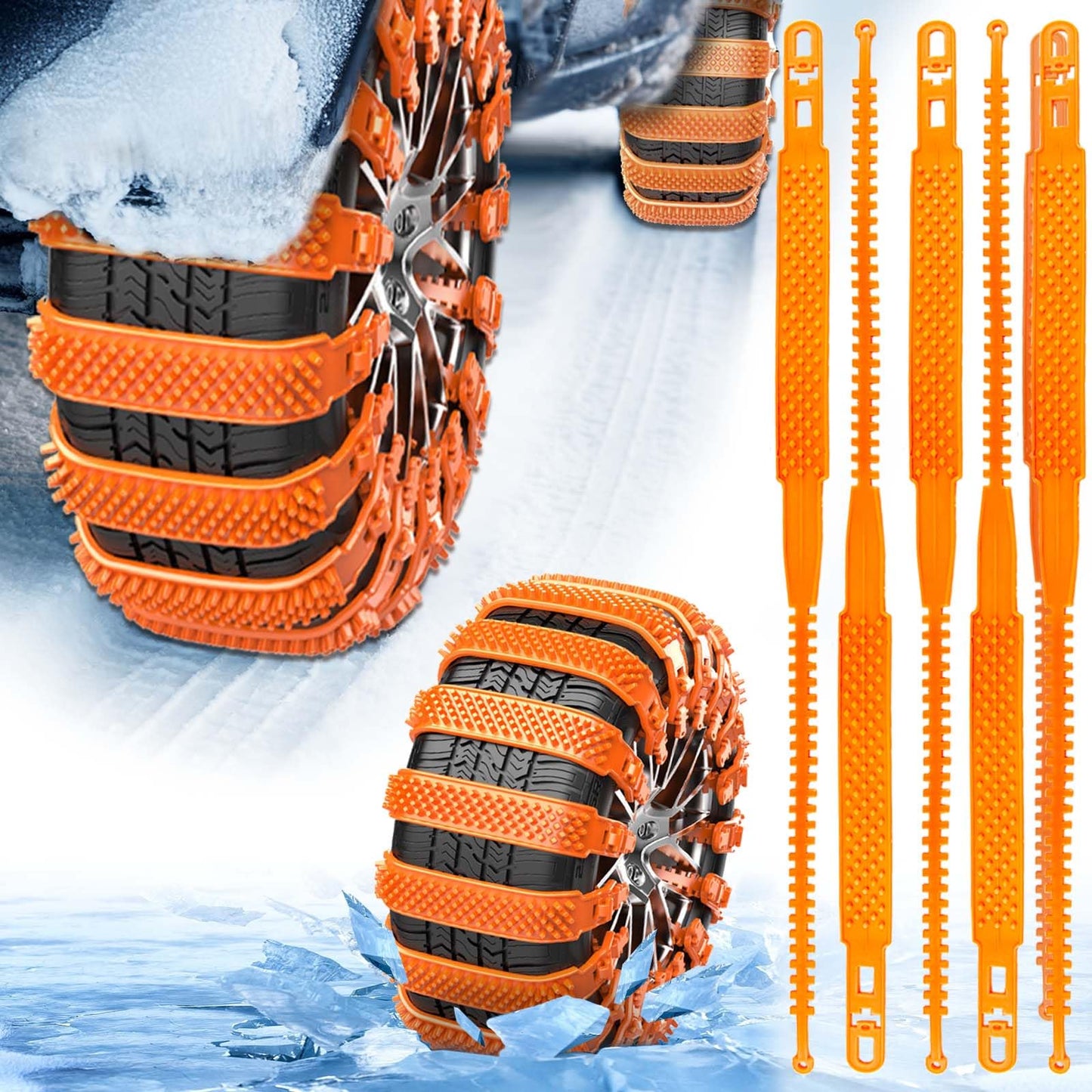 badaren Schneeketten, 10 Stück Notfall-Anti-Rutsch-Universal-Autoreifenketten, Wiederverwendbare Auto Schneeketten, Geeignet für Pkw/Geländewagen/Lkw/Suv, Einsetzbar Auf Schnee, Schlamm (Orange A)
