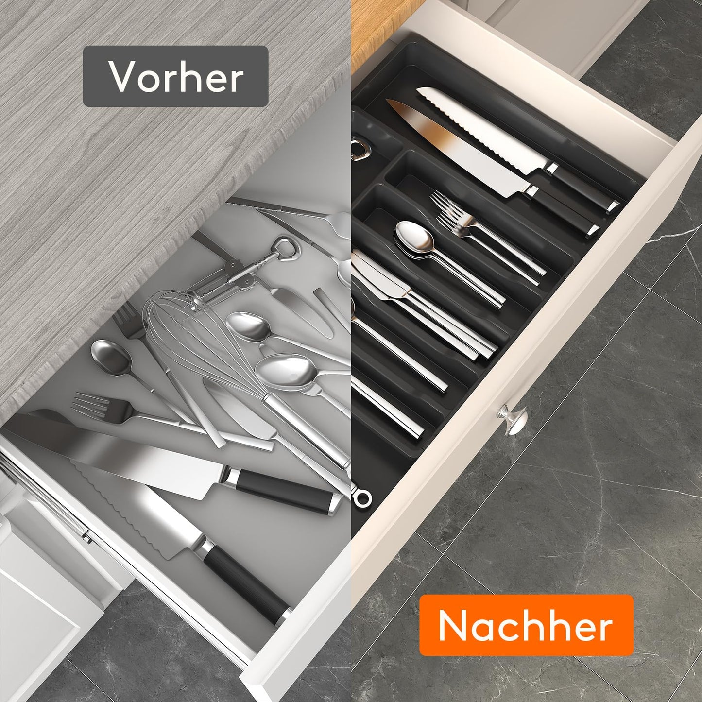 Lifewit Besteckkasten für Schubladen,verstellbarer Besteckhalter Utensilienhalter für Küchenschubladen, Schubladeneinsatz Besteckeinsatz für Küche Organizer aus Kunststoff für Löffel,Gabeln, Schwarz