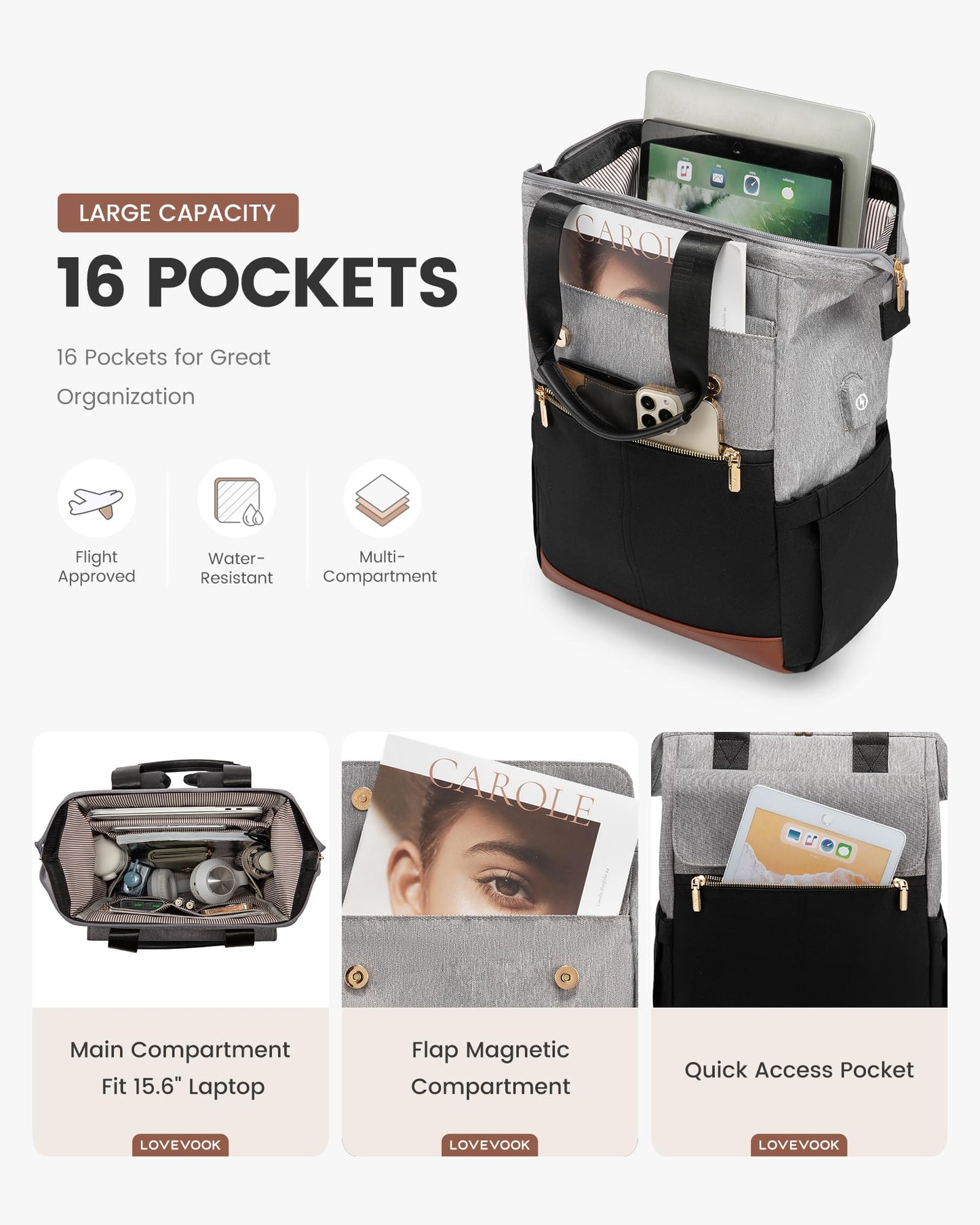 LOVEVOOK Rucksack Damen, Laptop Schulrucksack Wasserdicht, Schultasche Teenager Backpack Women Elegant Tagesrucksäcke Handtasche 2 in 1, 15,6 Zoll Arbeitstasche Lehrertasche Reiserucksack für Uni Büro