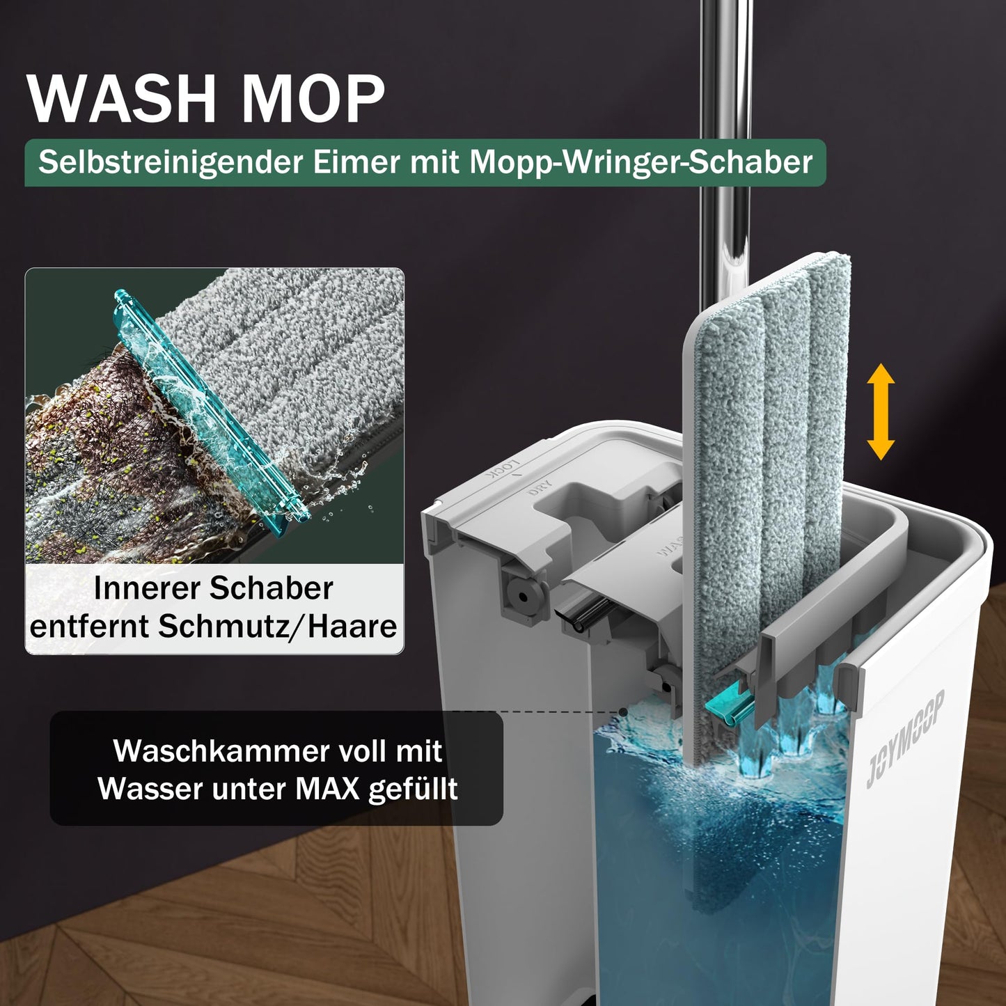 JOYMOOP Mop und Eimer mit Wringer Set, Hands Free Flat Floor Mop und Eimer, mit 5 waschbaren Mikrofaserpads, Nass- und Trockeneinsatz, Bodenreinigungssystem