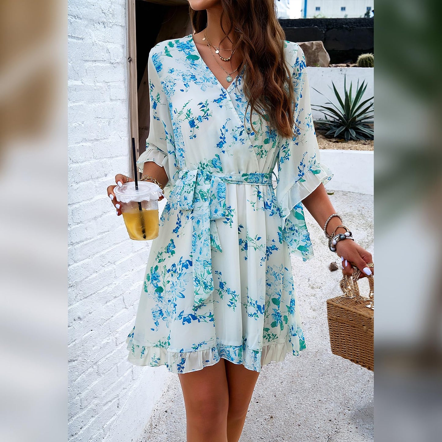 Odizli Sommerkleid Damen Kurz Elegant Blumen Chiffon V-Ausschnitt Wickelkleid