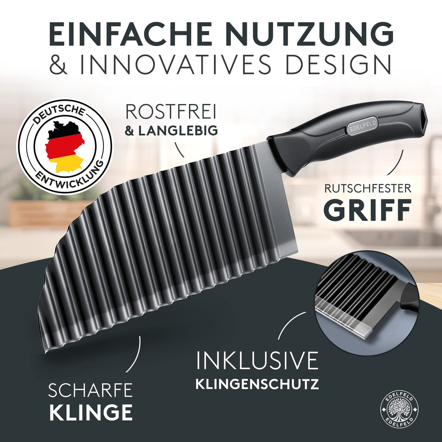 EDELFELD Wellenschneider für Pommes, Obst & Gemüse [TESTSIEGER] - Spülmaschinengeeignetes Wellenmesser mit Titanklinge - Riffelmesser für Erwachsene & Kinder - BLW Wellenschnittmesser aus Edelstahl