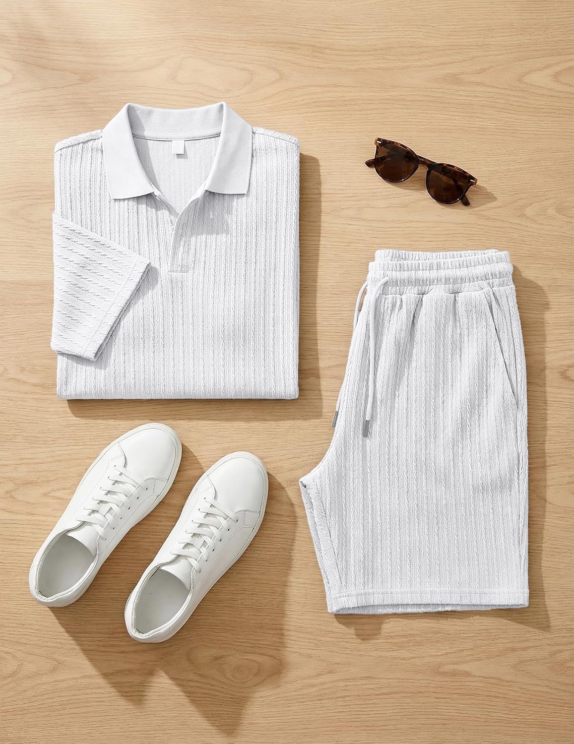 JMIERR Herren Jogginganzug Set Sommer 2 Teiliges Poloshirts Kurzarm Einfarbig Strick mit Kurze Hose Herren mit Elastischer Taille Baggy Freizeitanzug