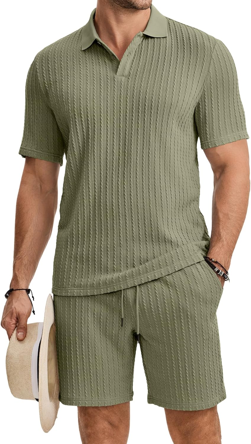 JMIERR Herren Jogginganzug Set Sommer 2 Teiliges Poloshirts Kurzarm Einfarbig Strick mit Kurze Hose Herren mit Elastischer Taille Baggy Freizeitanzug