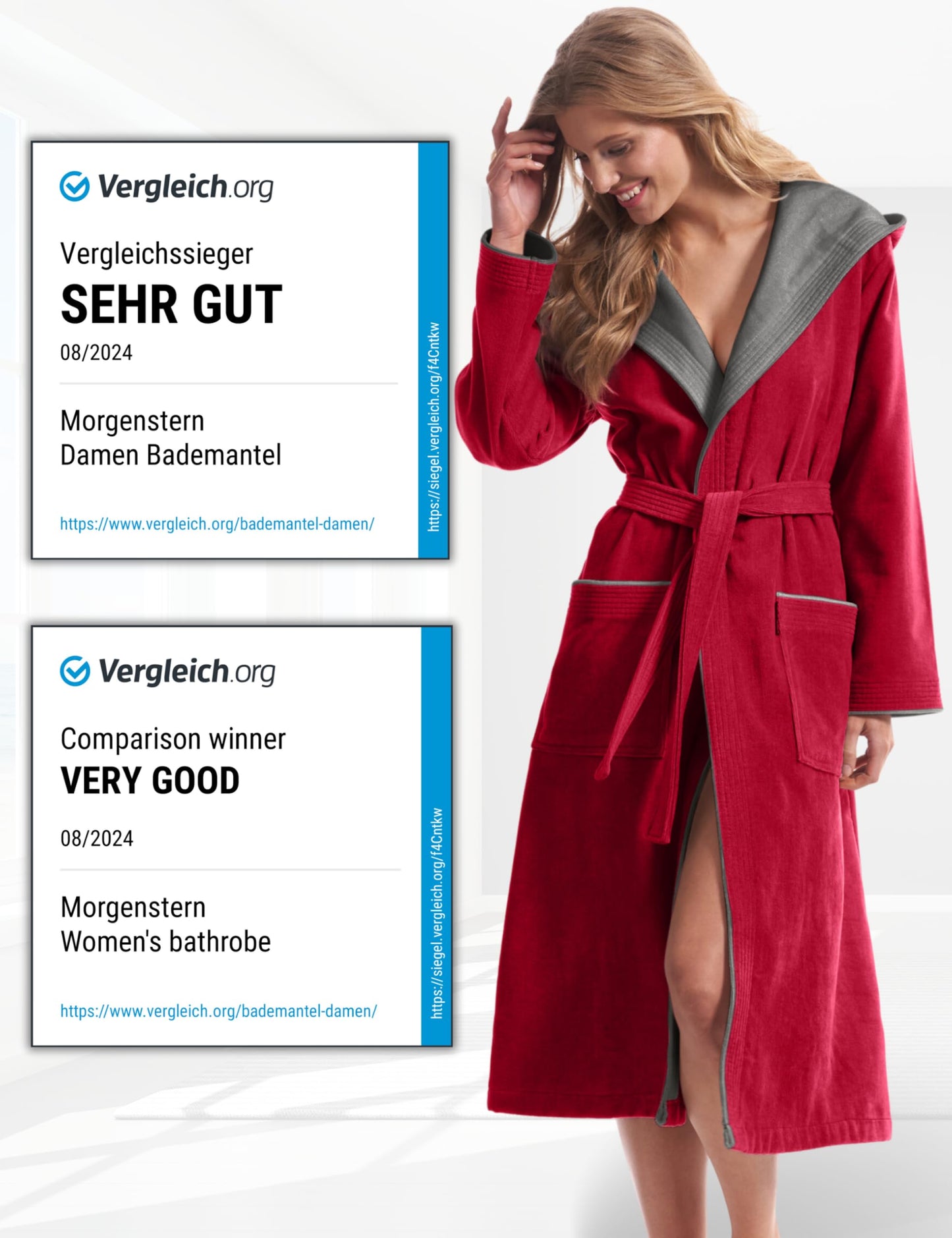 Morgenstern Bademantel Damen 100% Baumwolle mit Kapuze Frottee-Velours OEKO-TEX Leonie