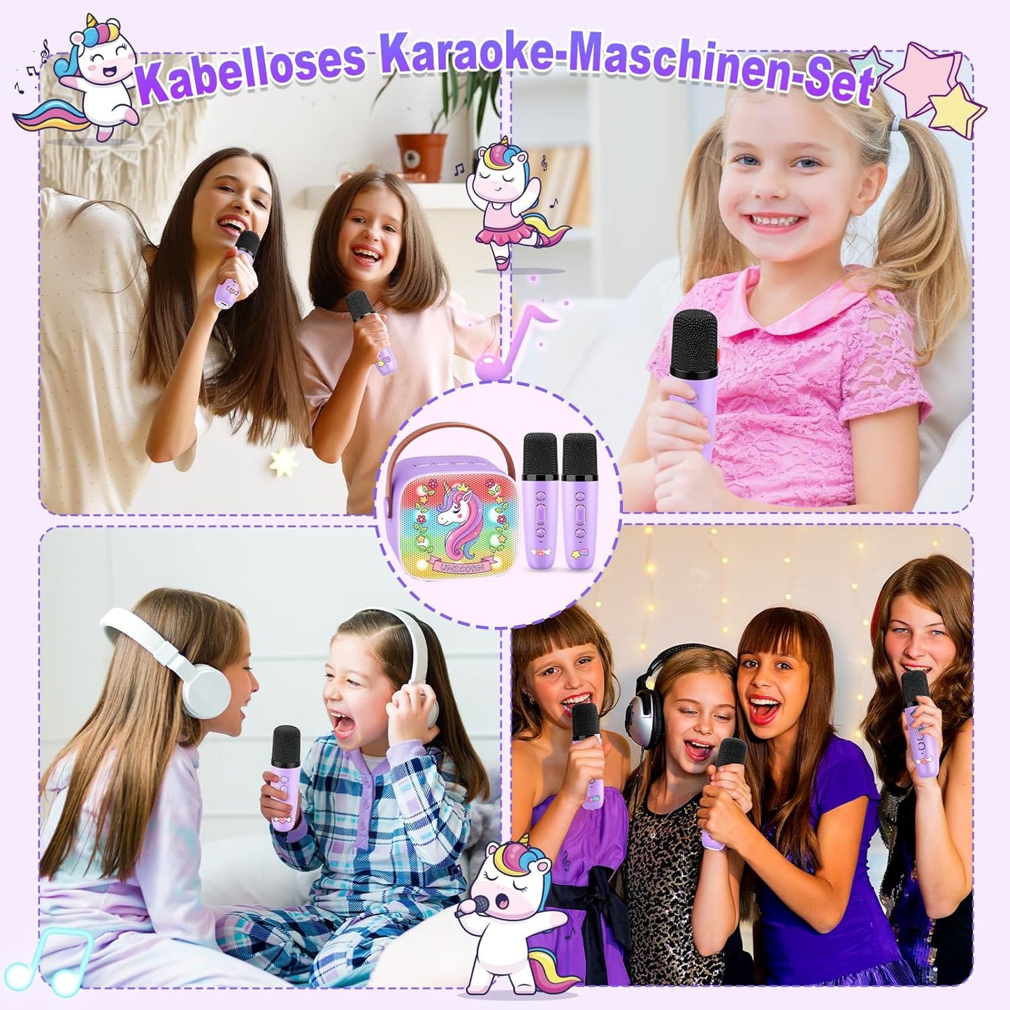 Karaoke Machine with 2 Bluetooth Microphones, Children's Unicorn Christmas Gifts Toy for Girls 3-12 Years, Portable Karaoke Microphone Set with DSP and LED Lights