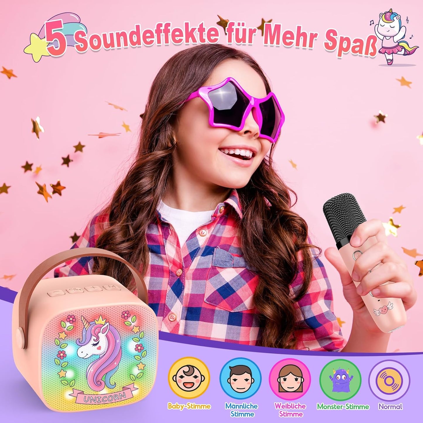 Karaoke Machine with 2 Bluetooth Microphones, Children's Unicorn Christmas Gifts Toy for Girls 3-12 Years, Portable Karaoke Microphone Set with DSP and LED Lights