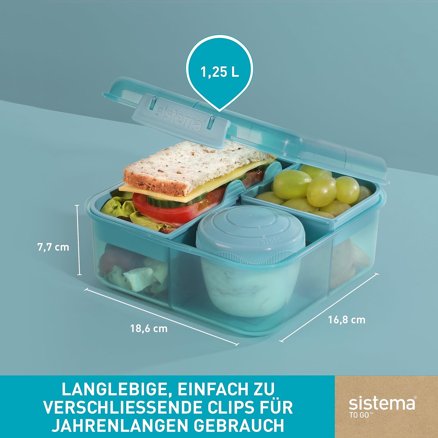 Sistema Bento-Box | 1,25 L | Brotdose für Pause mit Fächern und Snackbox | BPA-frei | hergestellt aus Ocean Bound Plastic | Teal Stone | 1 Stück, Mintgrün (Recycelter Kunststoff)