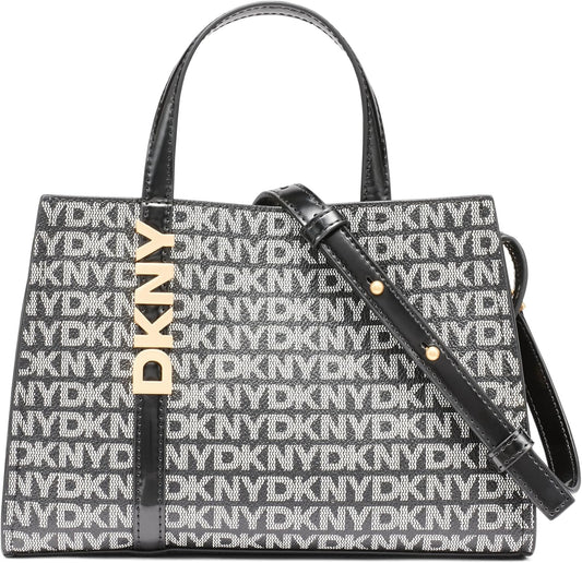 DKNY Women's Avril Small Satchel Crossbody 100% PVC with PU Trim, Black Logo and Black