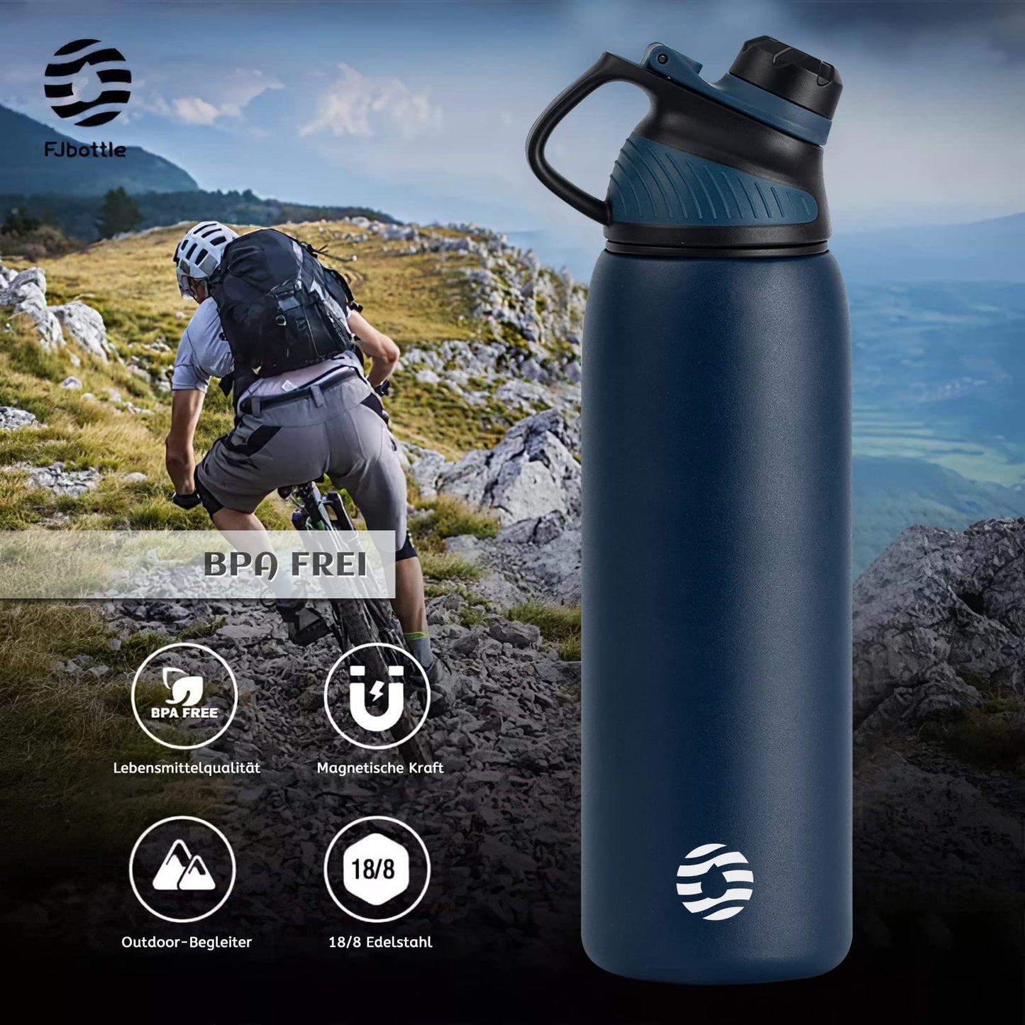 Fjbottle Edelstahl Trinkflasche Sport mit Magnetischem Deckel 1L, 800ml, 600ml, 400ml BPA-Frei Auslaufsichere Kinder Flasche - Kohlensäure geeignet 1500ML Wasserflasche Thermo für Schule, Fitness