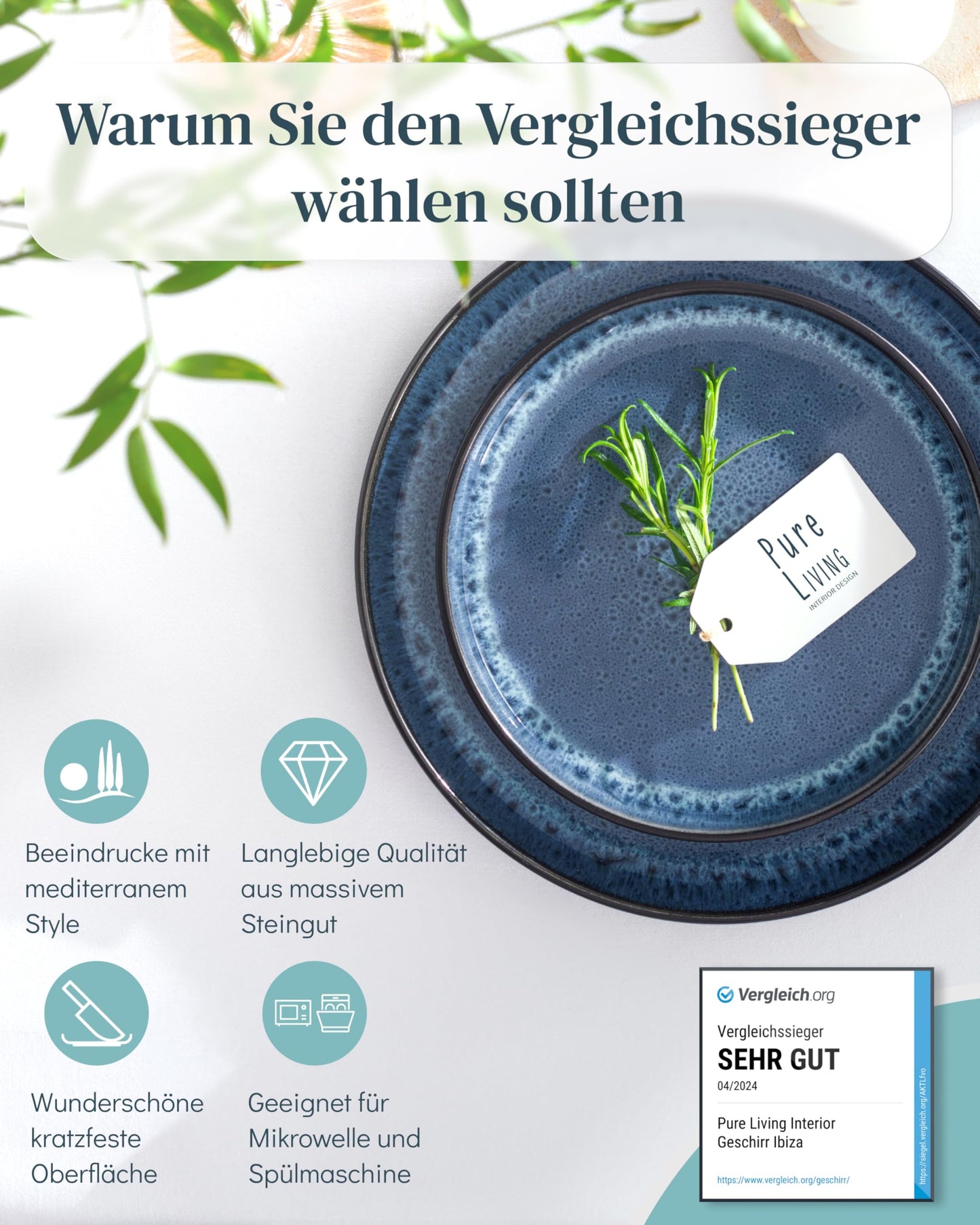 Steingut Frühstücksteller 6 Pers. Ibiza Hochwertiges Mediterranes TEST SEHR GUT Dessertteller Set - Kuchenteller spülmaschinen- und kratzfest - Kleine Teller, Salatteller Pure Living in Petrol