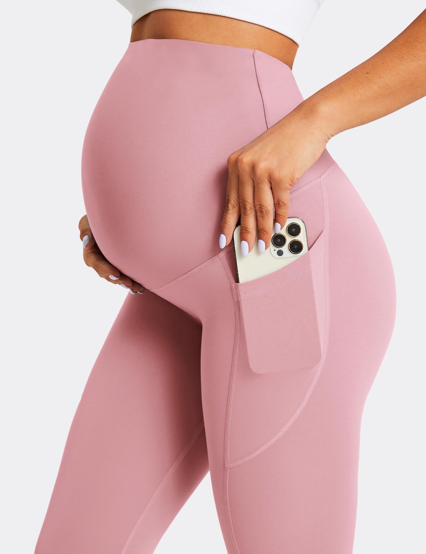 BAYDI Damen Umstandsleggings mit Taschen Blickdichte Lange Schwangerschaftsleggings High Waist Umstandshose Damen Weich elastisch Schwangerschaftshose
