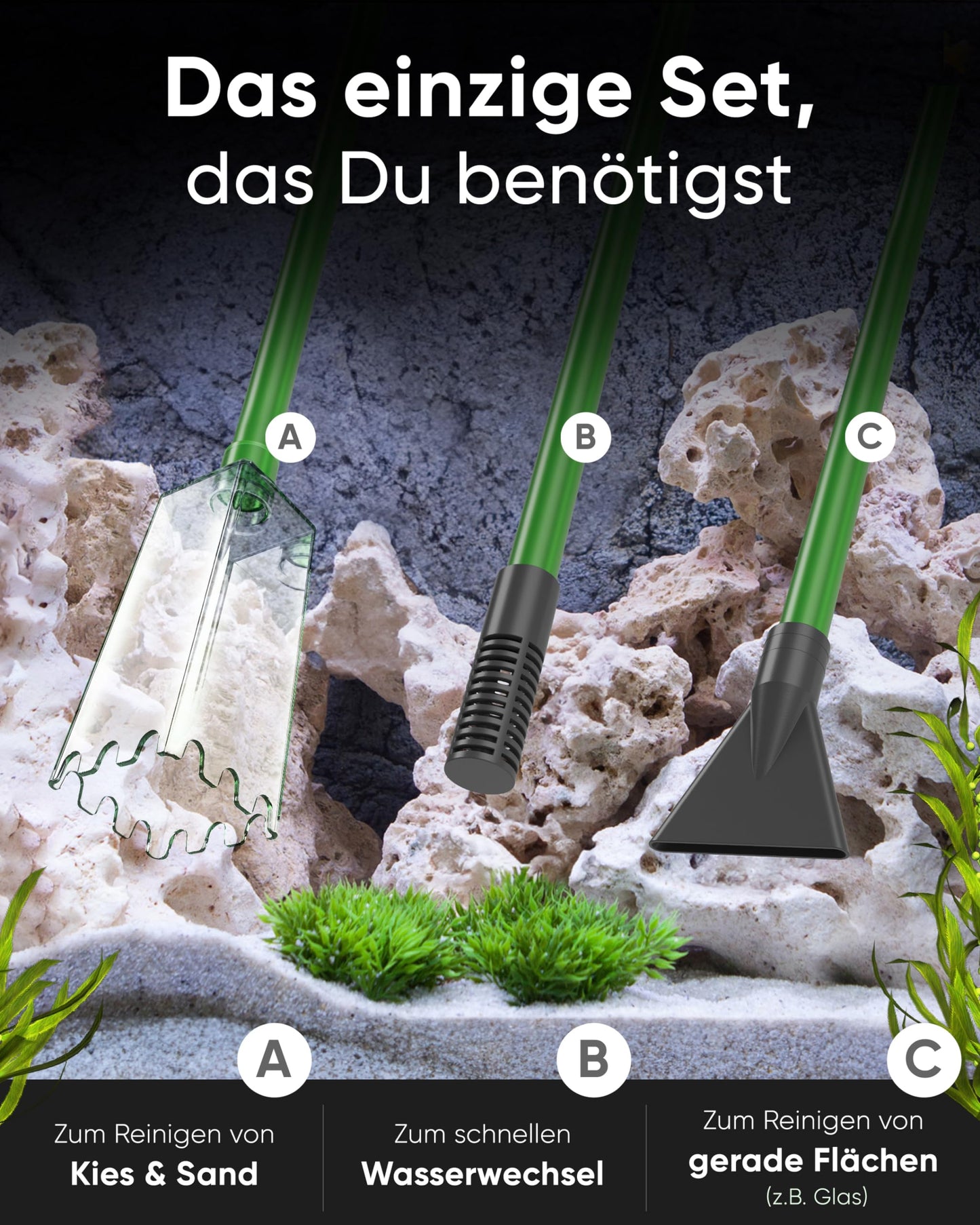 WASSERHELD - Mulmsauger Aquarium mit 3 Aufsätzen - Aquarium Wasserwechsel [3M Schlauch] - Aquarium Reinigungsset & Aquarium Sauger für Kies und Sand mit Schlauchventil - Aquarium Zubehör inkl. Buch