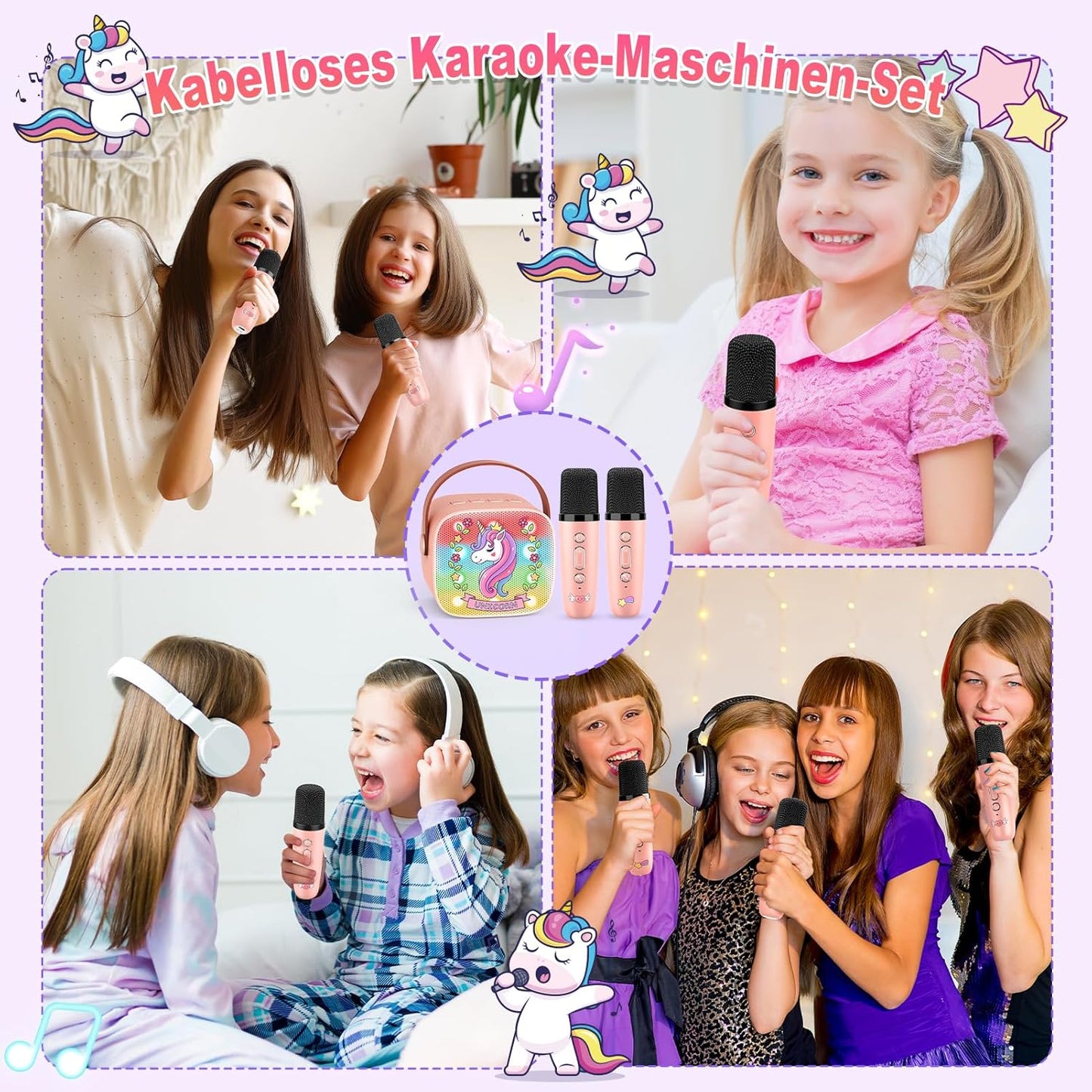 Karaoke Machine with 2 Bluetooth Microphones, Children's Unicorn Christmas Gifts Toy for Girls 3-12 Years, Portable Karaoke Microphone Set with DSP and LED Lights
