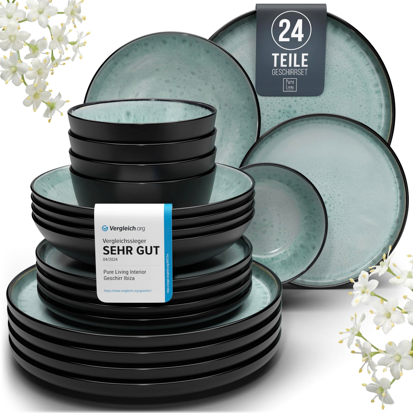 Steingut Frühstücksteller 6 Pers. Ibiza Hochwertiges Mediterranes TEST SEHR GUT Dessertteller Set - Kuchenteller spülmaschinen- und kratzfest - Kleine Teller, Salatteller Pure Living in Petrol