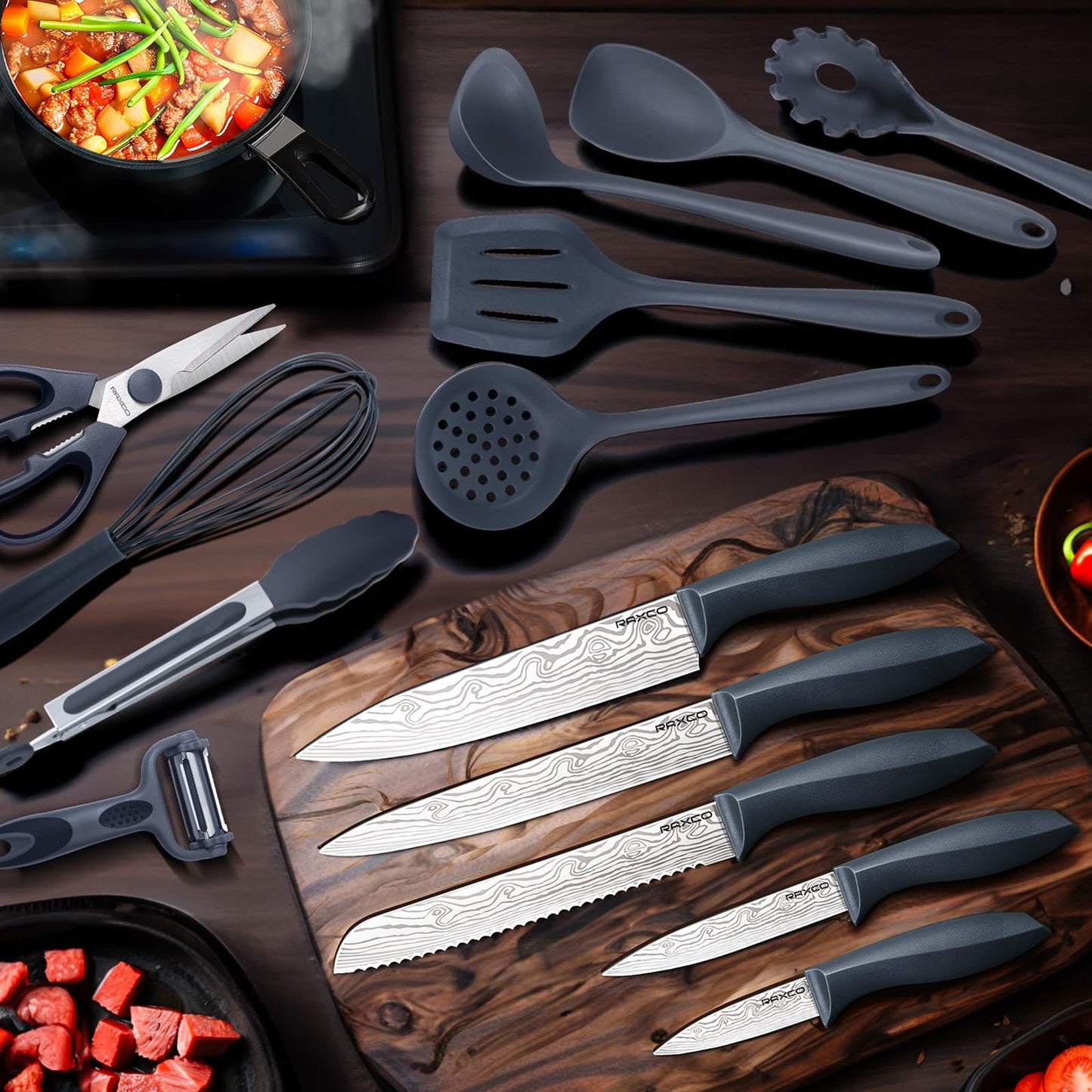 RAXCO Küchenmessersets Mit block,18 Teiligs Küchenutensilien Mit 5 Teiligs Messersets und 7 Teiligs Silikon Pfannenwender,Küchenhelfer sets, Schwarz