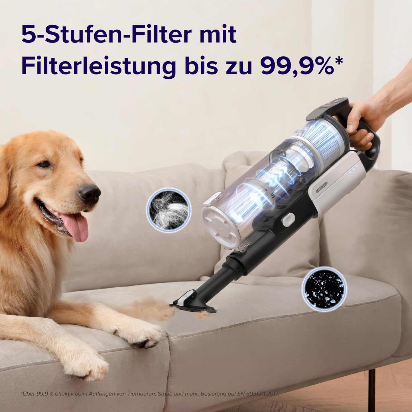 Levoit Akku Staubsauger mit Tierhaardüse, Anti-Haar-Verwicklung, max 50min Laufzeit, 4-in-1 Kabelloser Akkustaubsauger mit 99,9% Filterleistung, Beutelloser Akkusauger für Teppich Hartböden und Auto