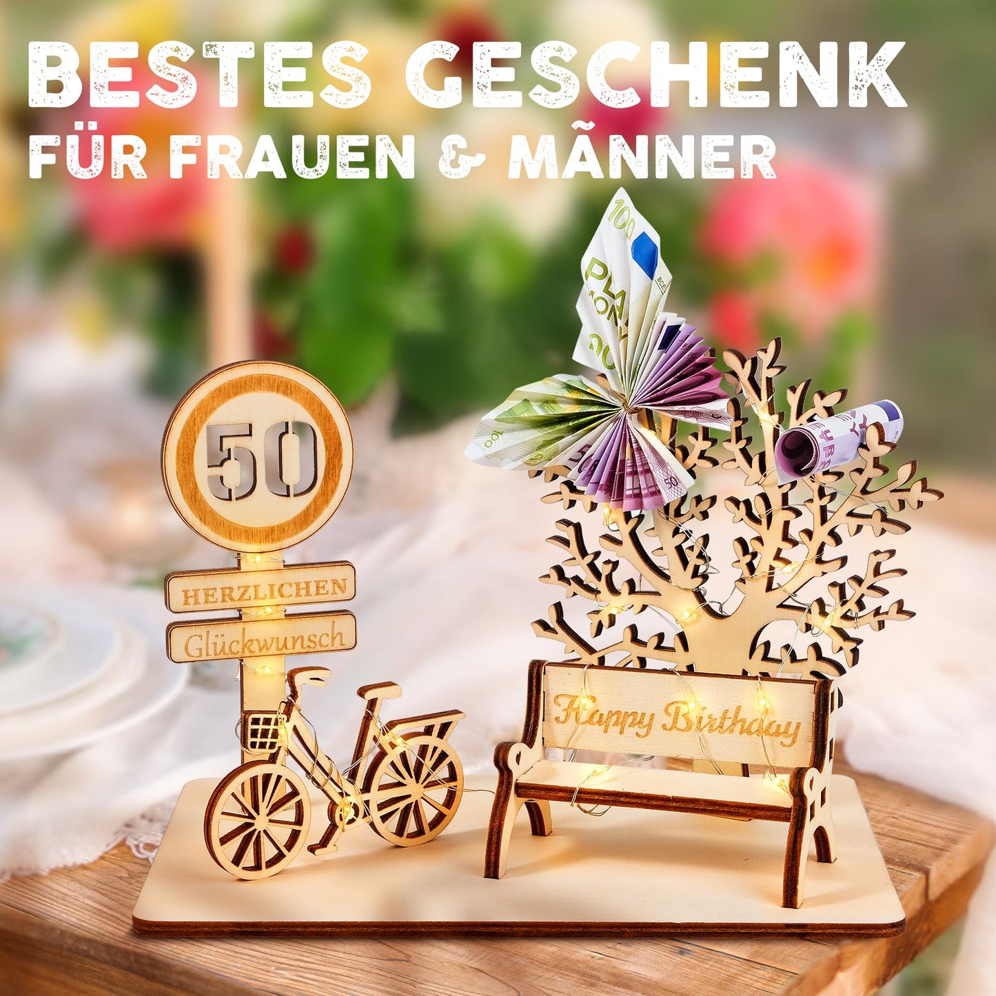 I LOVE MOM Geldgeschenk Geburtstag Holz, Fahrrad Geschenk, DIY Holz Schild Gästebuch Dreidimensionale Bäume Sitzbank Deko Zahlen für Geschenke, Hochzeiten, Partys, Geburtstage, Jubiläum (GYY-60)