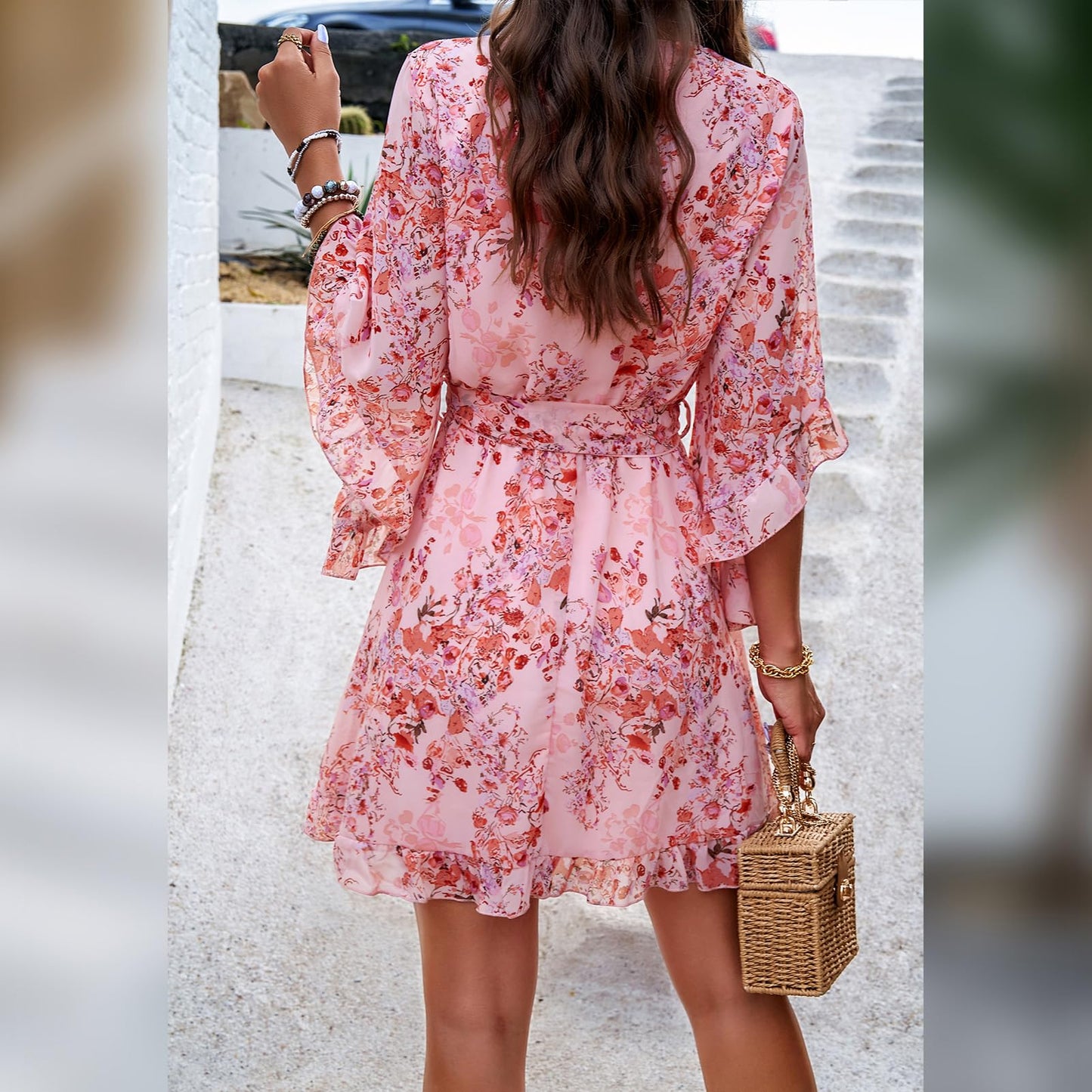 Odizli Sommerkleid Damen Kurz Elegant Blumen Chiffon V-Ausschnitt Wickelkleid