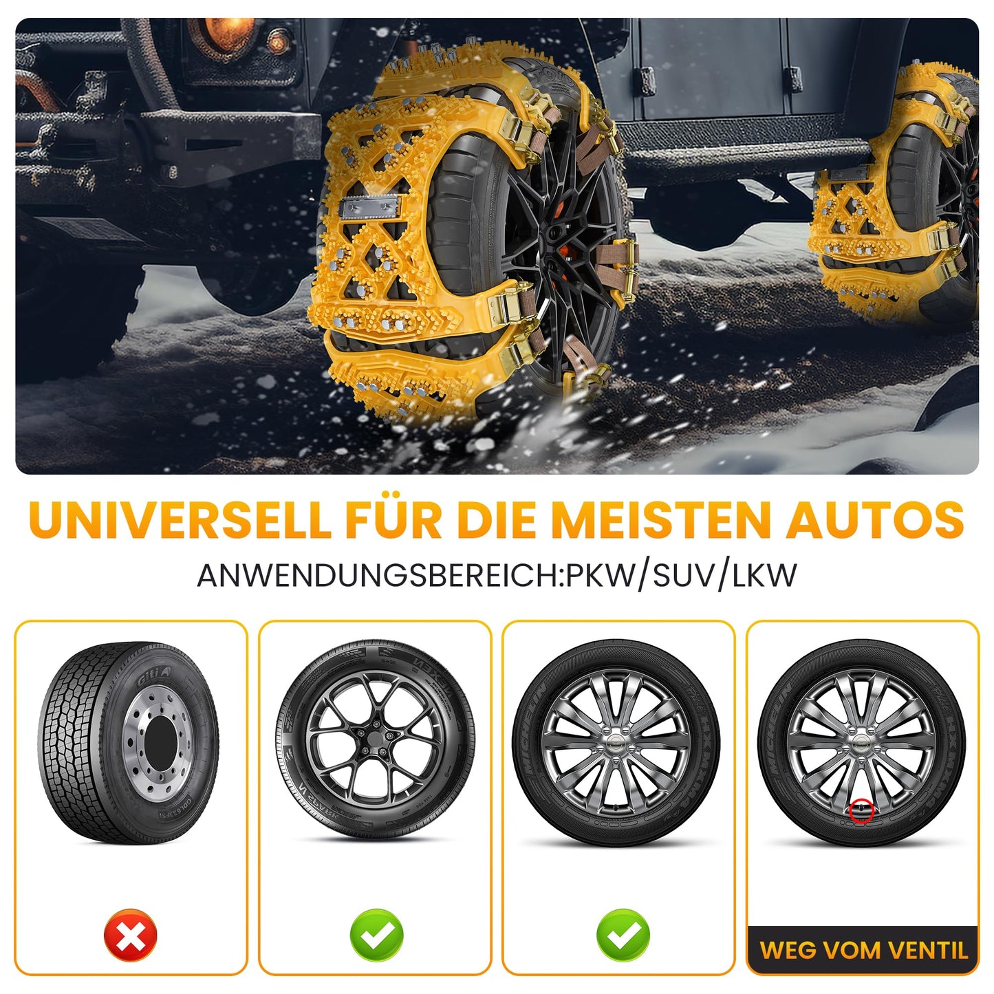 Schneeketten, 6 Stück Universal Schneeketten für Auto, SUV Reifen Anti Schneeketten Snow Chains für Eis, Schnee und matschigen Straßen (Reifenbreite 165mm-265mm/6.5-10.4'')