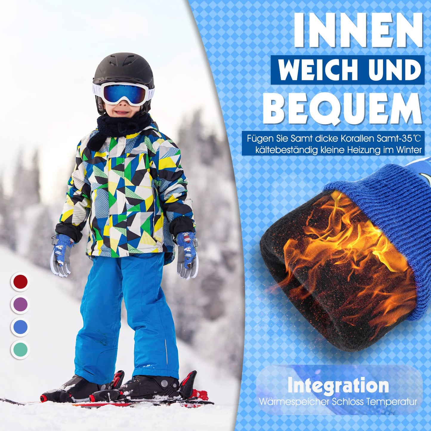 WESTGIRL Children’s Winter Gloves, Windproof, Warm Ski Gloves, Thermal Fleece, Water-Repellent Cartoon Snow Gloves, Outdoor Gloves for Snowboarding, Cycling, for Boys and Girls Aged 3–12 Years