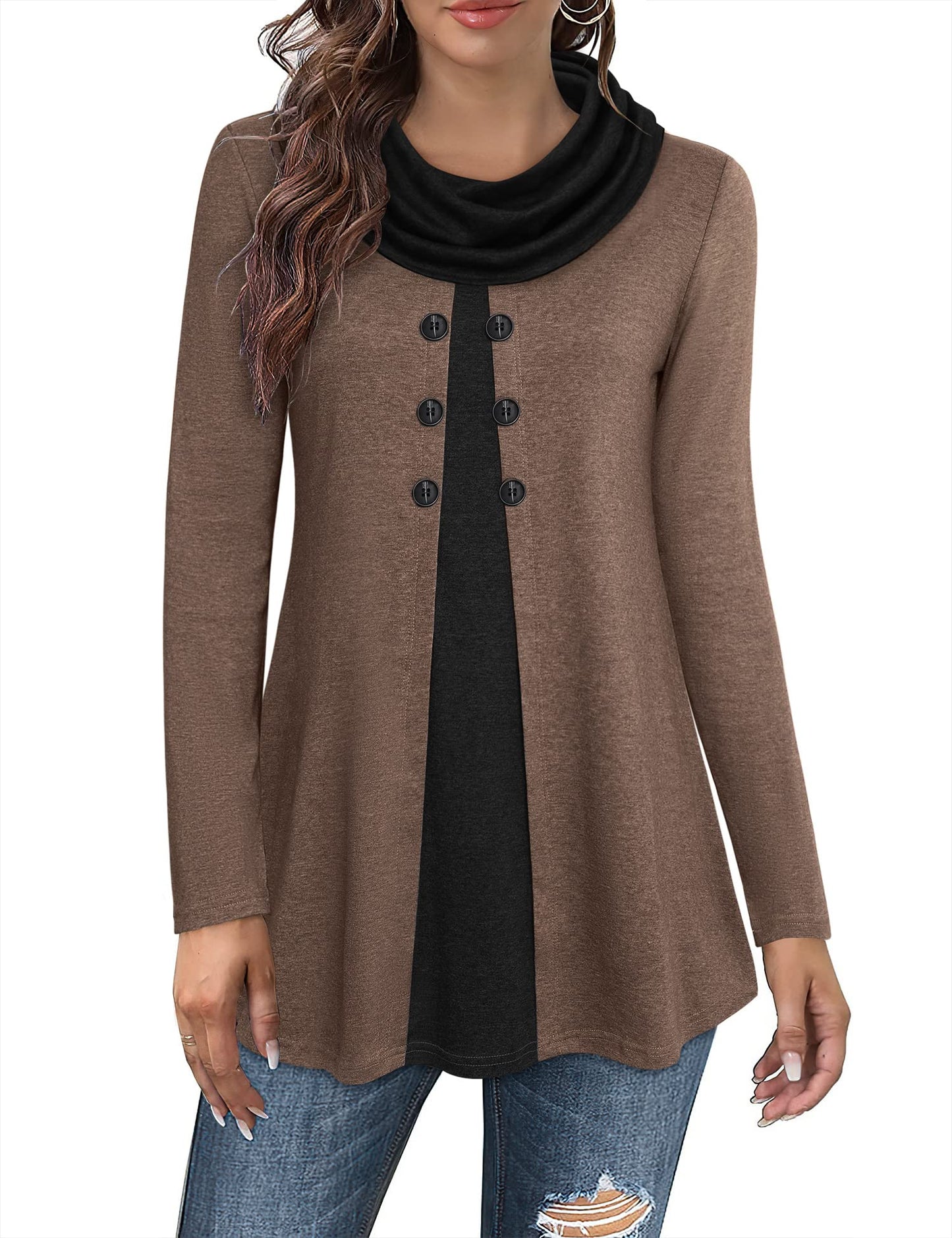 Gaharu Damen Tunika Langarm Elegant Pullover Lang Sweatshirt Schalkragen Patchwork Pulli