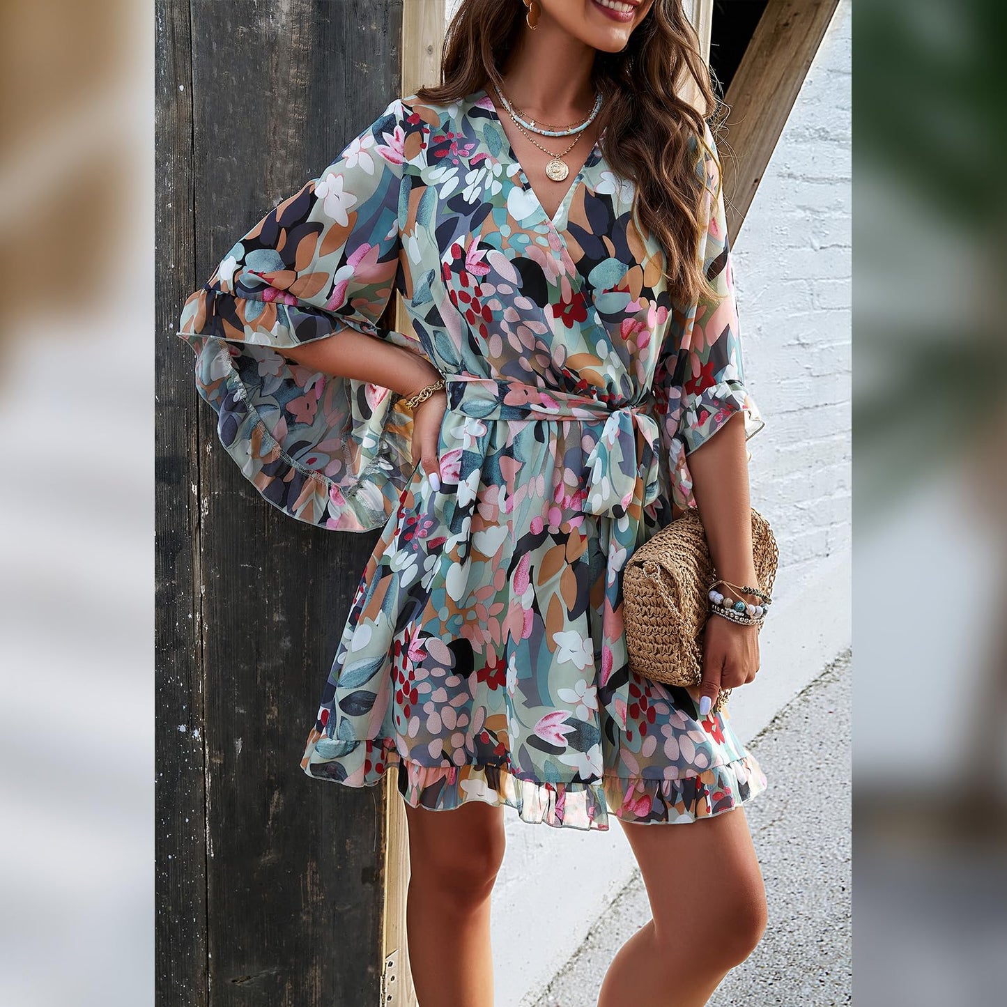 Odizli Sommerkleid Damen Kurz Elegant Blumen Chiffon V-Ausschnitt Wickelkleid