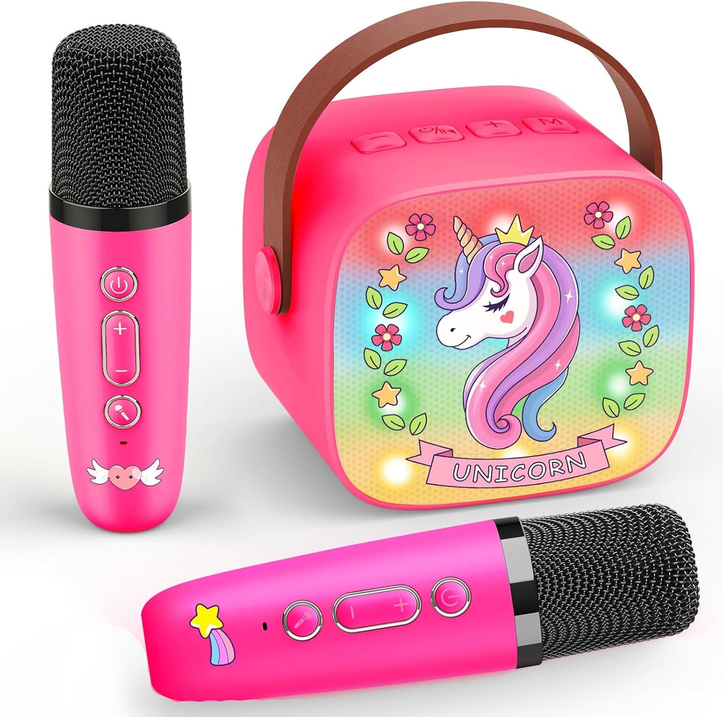 Karaoke Machine with 2 Bluetooth Microphones, Children's Unicorn Christmas Gifts Toy for Girls 3-12 Years, Portable Karaoke Microphone Set with DSP and LED Lights