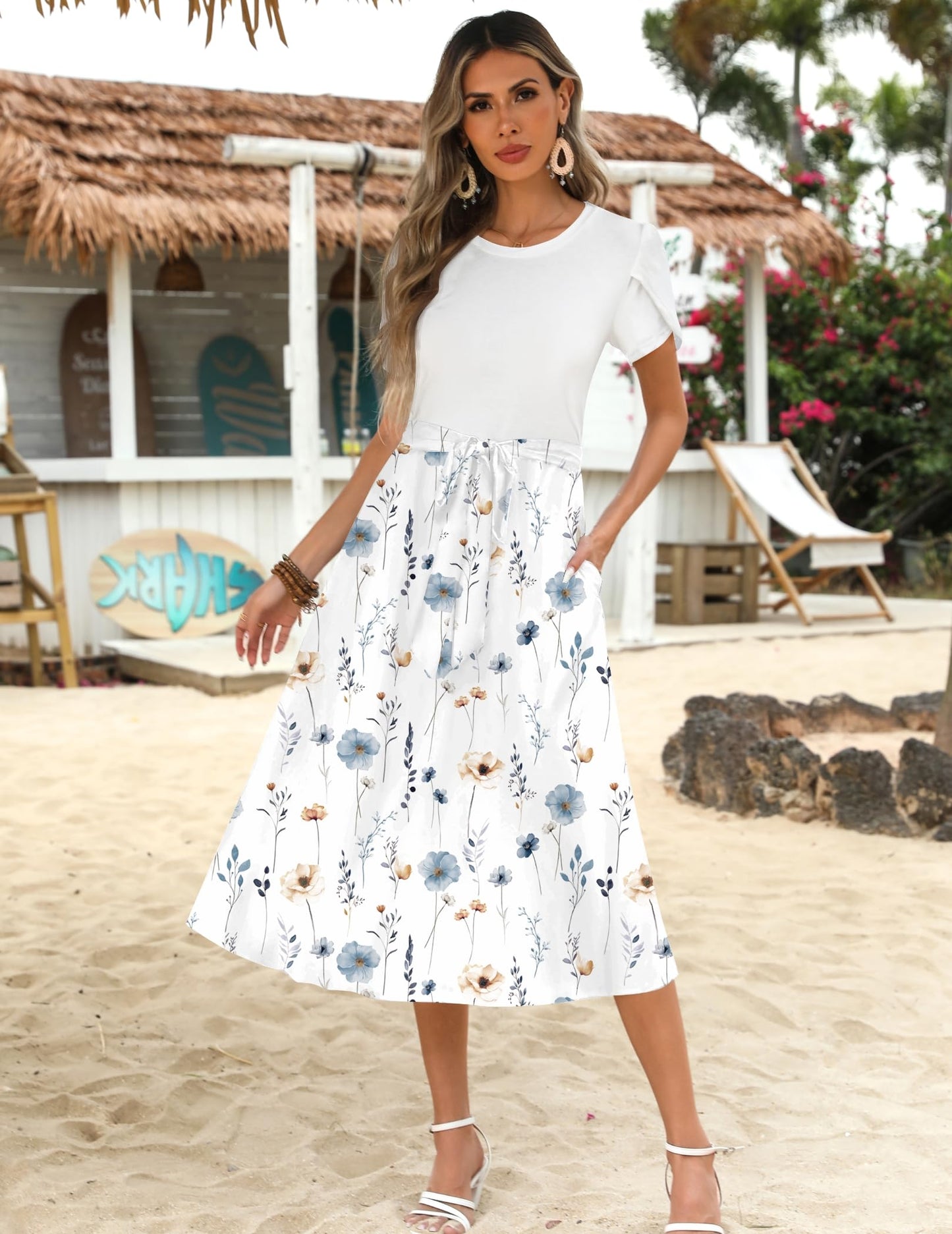 ZEAGOO Sommerkleid Damen Elegant Kleider Kurzarm Rundhals Midikleid A-Linie Blumenkleid Casual Tunika Kleid Hohe Taille Strandkleid mit Taschen S-XXL