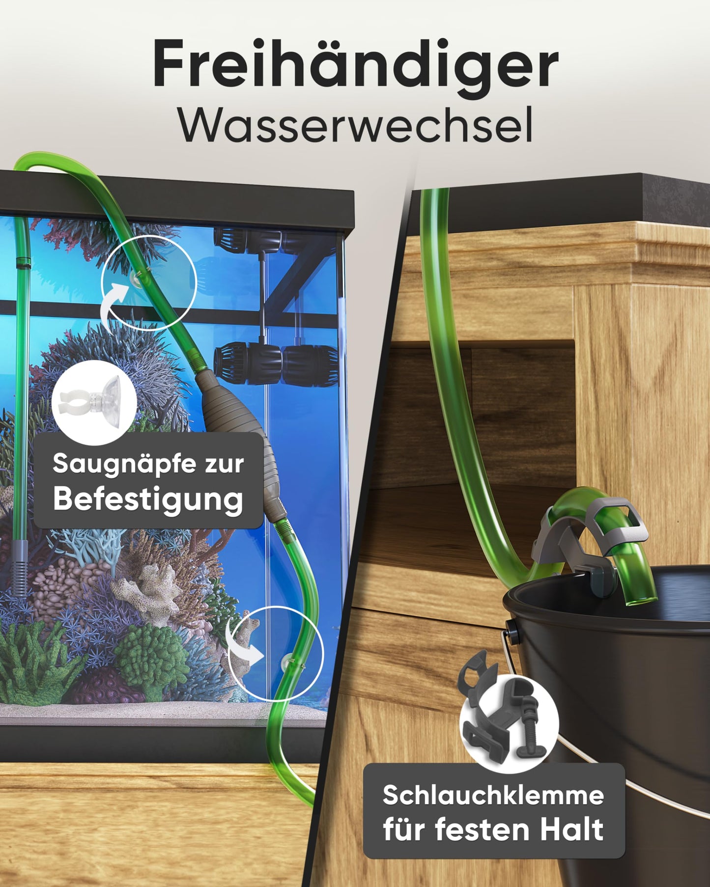 WASSERHELD - Mulmsauger Aquarium mit 3 Aufsätzen - Aquarium Wasserwechsel [3M Schlauch] - Aquarium Reinigungsset & Aquarium Sauger für Kies und Sand mit Schlauchventil - Aquarium Zubehör inkl. Buch