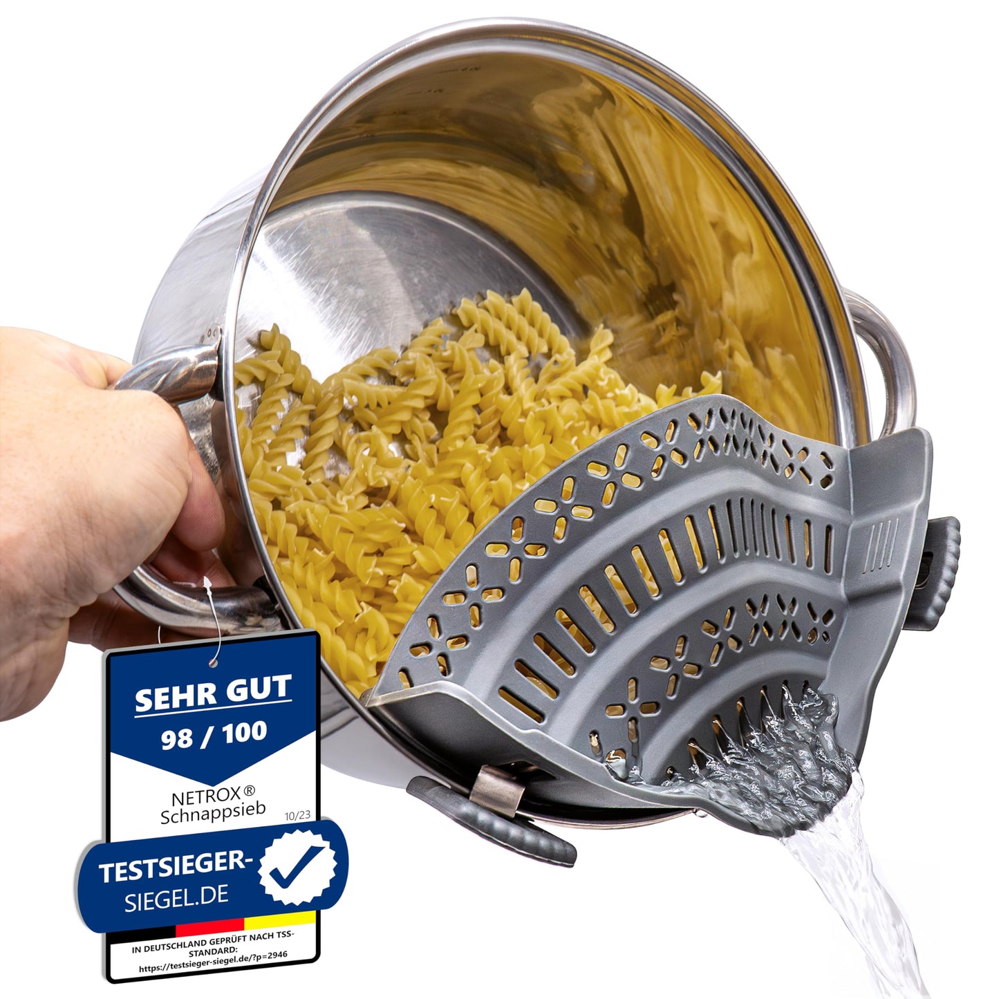 Netrox – Schnappsieb aus Silikon – Nudelsieb Aufsatz zum Einhängen in Topf, Pfanne & Schüssel – spülmaschinenfestes Küchensieb Sieb – Abtropfsieb als perfekte Abgießhilfe Abgiesshilfe für Nudeln Töpfe