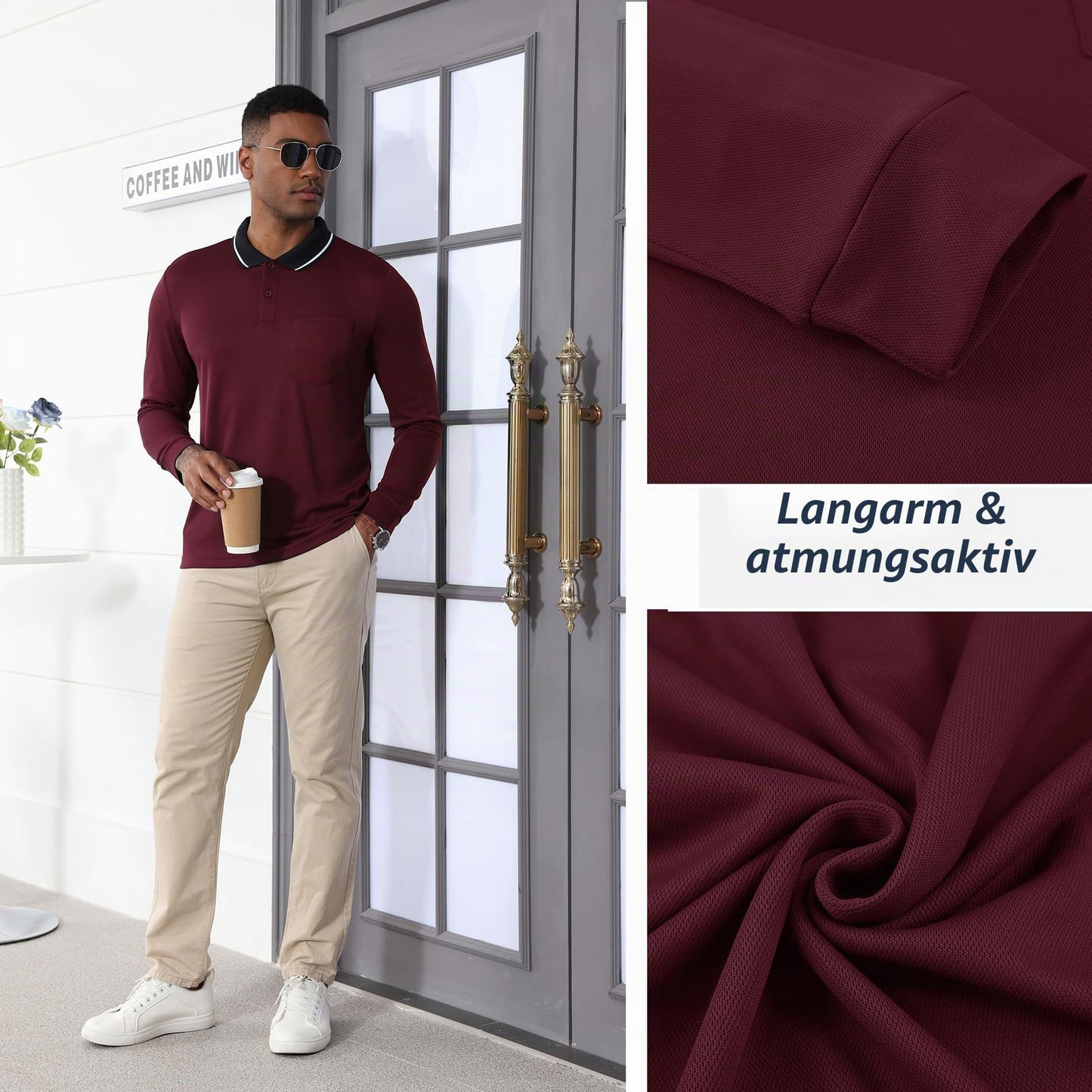 JACKETOWN 3er Pack Poloshirt Herren Langarm Atmungsaktiv Poloshirt Set Knopfkragen Arbeitshemd Golf Polohemd Frühling Herbst Arbeits T Shirt mit Tasche
