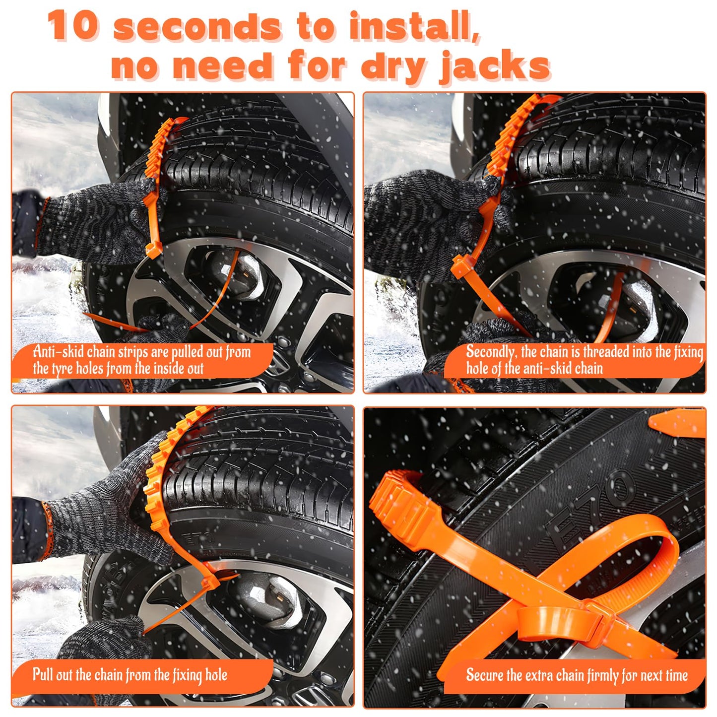 badaren Schneeketten, 10 Stück Notfall-Anti-Rutsch-Universal-Autoreifenketten, Wiederverwendbare Auto Schneeketten, Geeignet für Pkw/Geländewagen/Lkw/Suv, Einsetzbar Auf Schnee, Schlamm (Orange A)