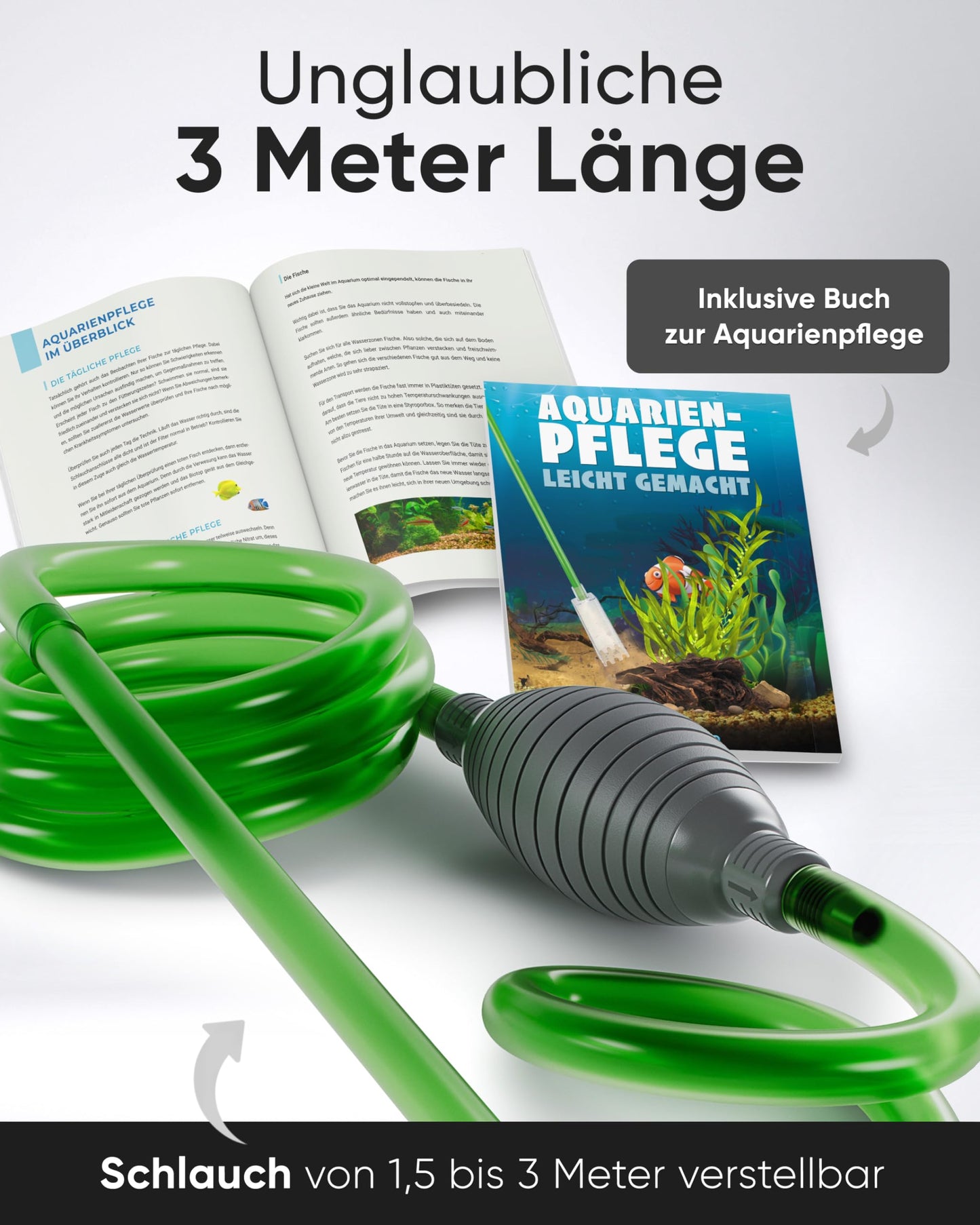 WASSERHELD - Mulmsauger Aquarium mit 3 Aufsätzen - Aquarium Wasserwechsel [3M Schlauch] - Aquarium Reinigungsset & Aquarium Sauger für Kies und Sand mit Schlauchventil - Aquarium Zubehör inkl. Buch