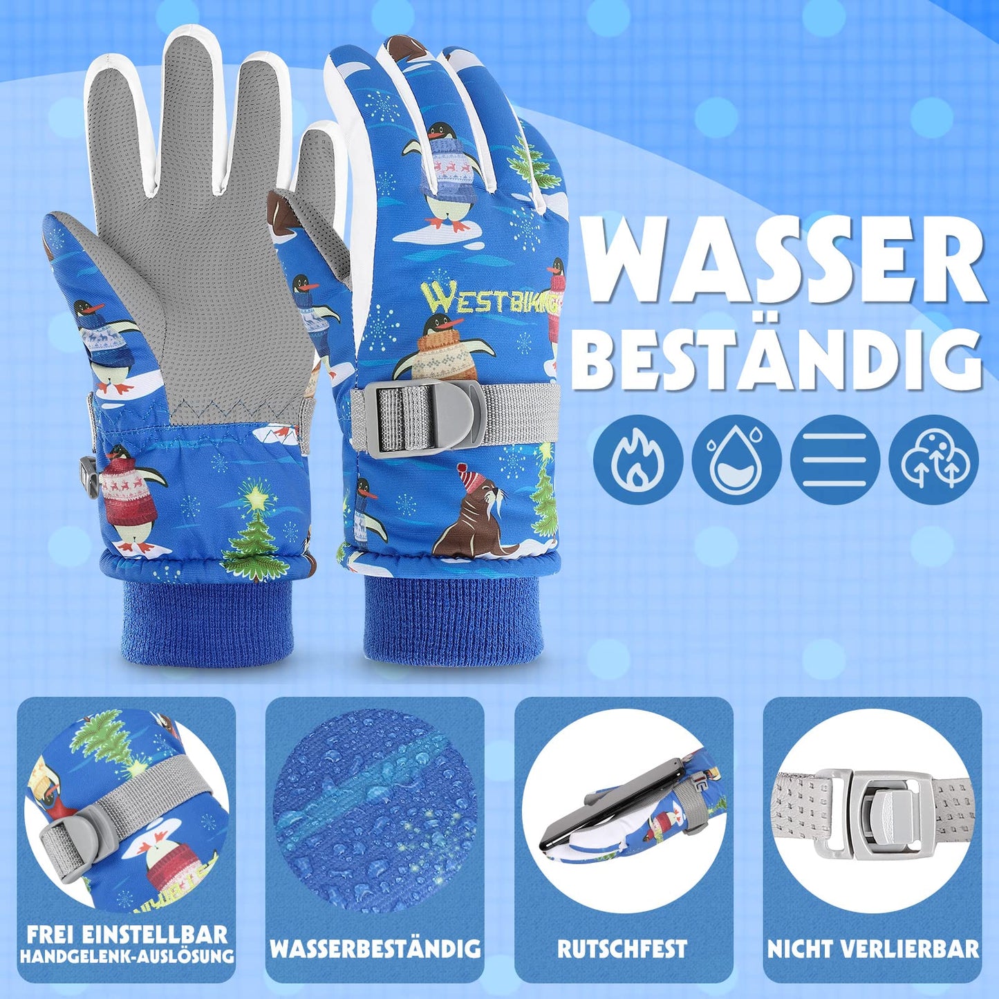 WESTGIRL Children’s Winter Gloves, Windproof, Warm Ski Gloves, Thermal Fleece, Water-Repellent Cartoon Snow Gloves, Outdoor Gloves for Snowboarding, Cycling, for Boys and Girls Aged 3–12 Years