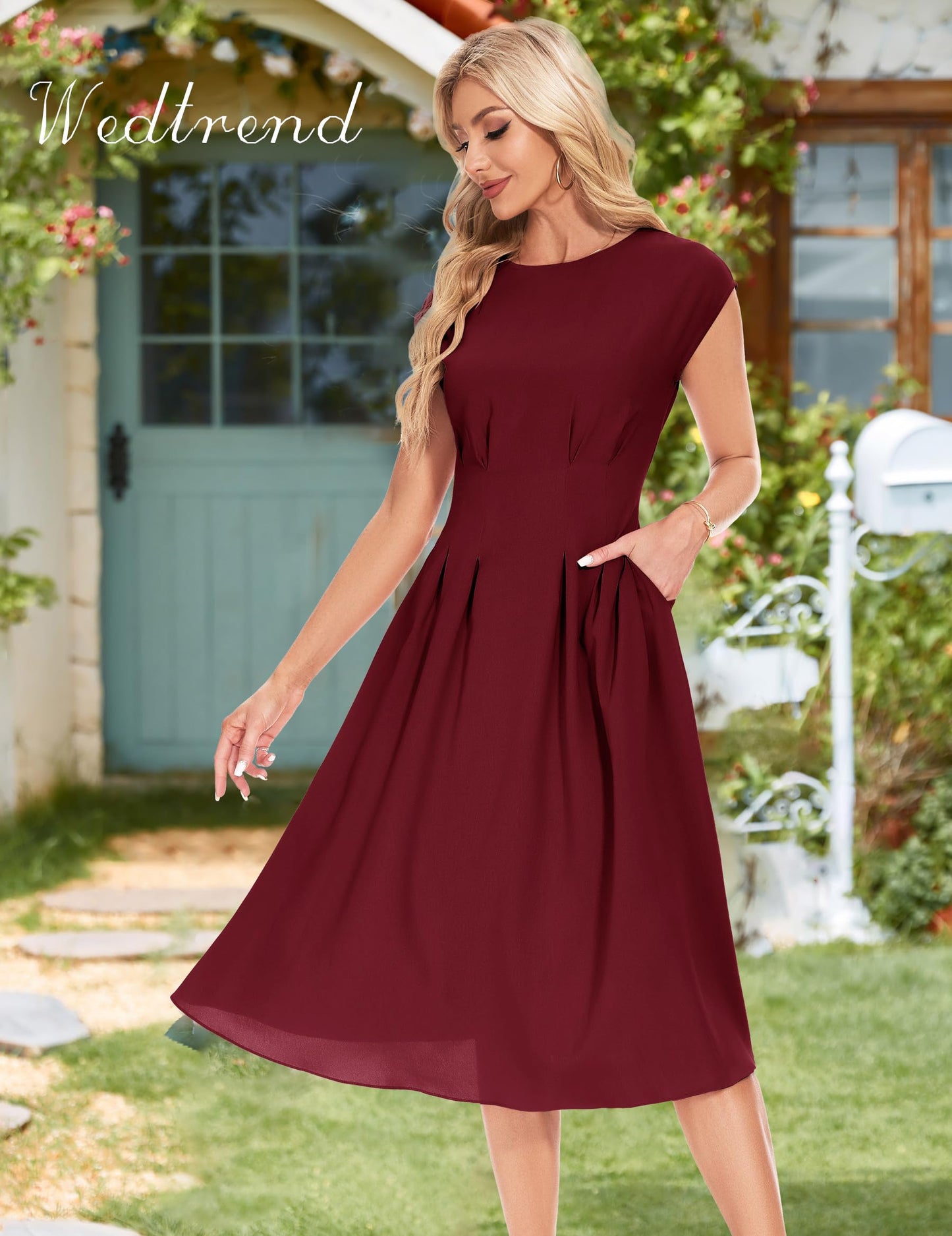 Wedtrend Cocktailkleid Damen Elegant Rockabilly Kleider Damen Midi Cap Sleeves Kleid Festlich Damen 50er Vintage A Linie Abendkleid mit Taschen
