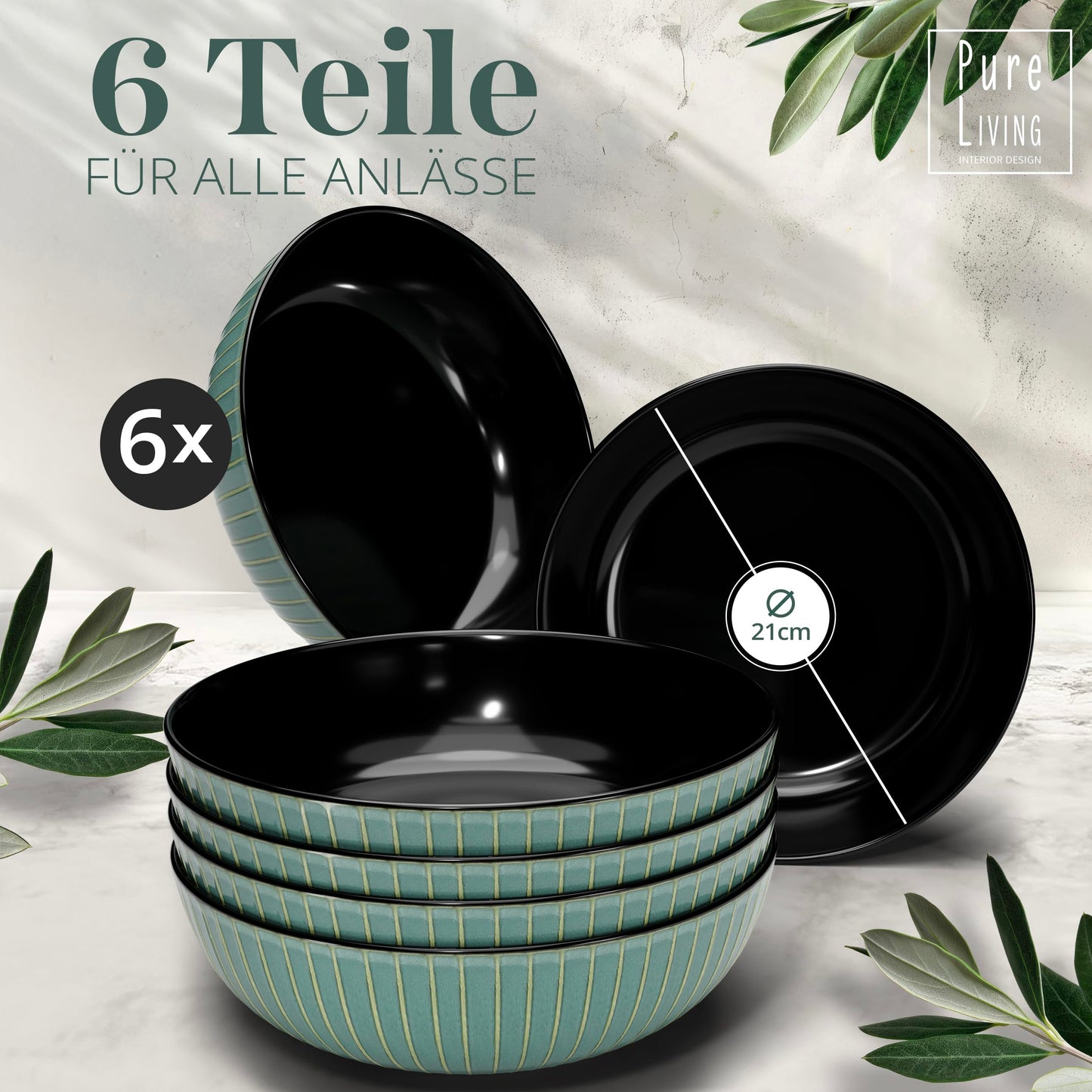 Steingut Frühstücksteller 6 Pers. Ibiza Hochwertiges Mediterranes TEST SEHR GUT Dessertteller Set - Kuchenteller spülmaschinen- und kratzfest - Kleine Teller, Salatteller Pure Living in Petrol