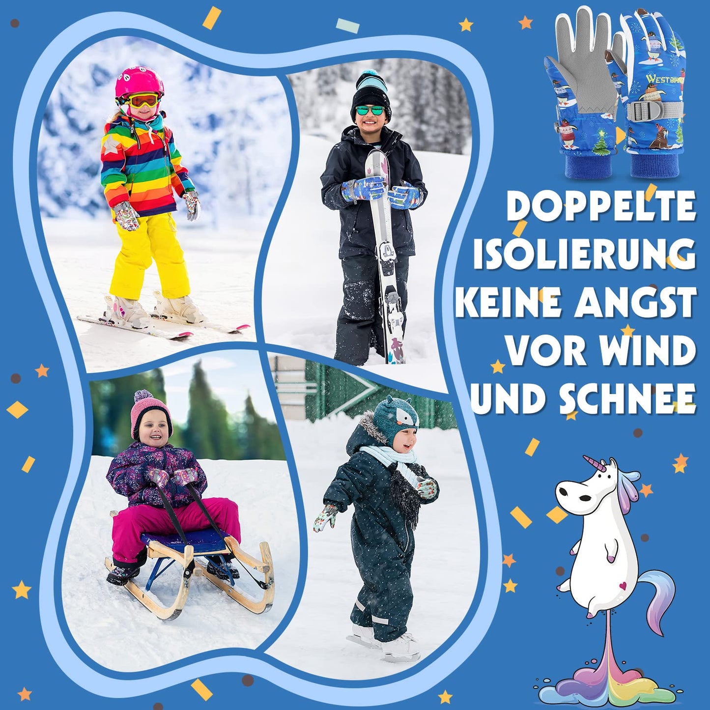 WESTGIRL Children’s Winter Gloves, Windproof, Warm Ski Gloves, Thermal Fleece, Water-Repellent Cartoon Snow Gloves, Outdoor Gloves for Snowboarding, Cycling, for Boys and Girls Aged 3–12 Years