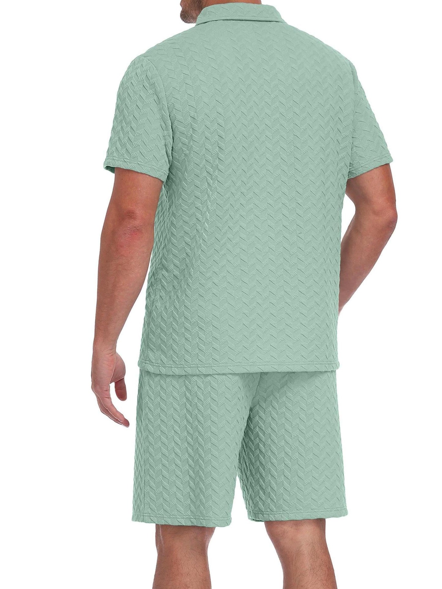 QIXING Herren Sommer Set 2 Teiler Polohemd und Shorts Set Herren Kurzarm Polo Shirt mit Strukturmuster Leichtes Freizeit Outfit für Urlaub Strand Reisen und Alltag