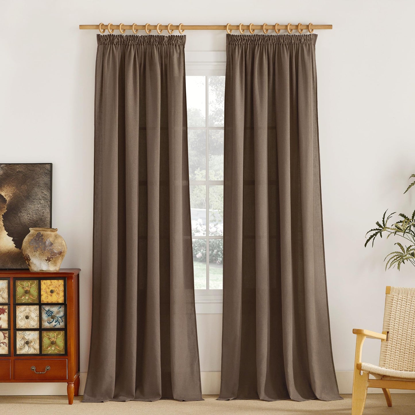 PONY DANCE Leinenvorhang Kräuselband Wohnzimmer Vorhänge Boho 2er Set H 245 x B 140 cm Leinen Gardinen für Schienensystem Leinenoptik Vorhänge Halbtransparent Linen Curtains Living Room, Beige