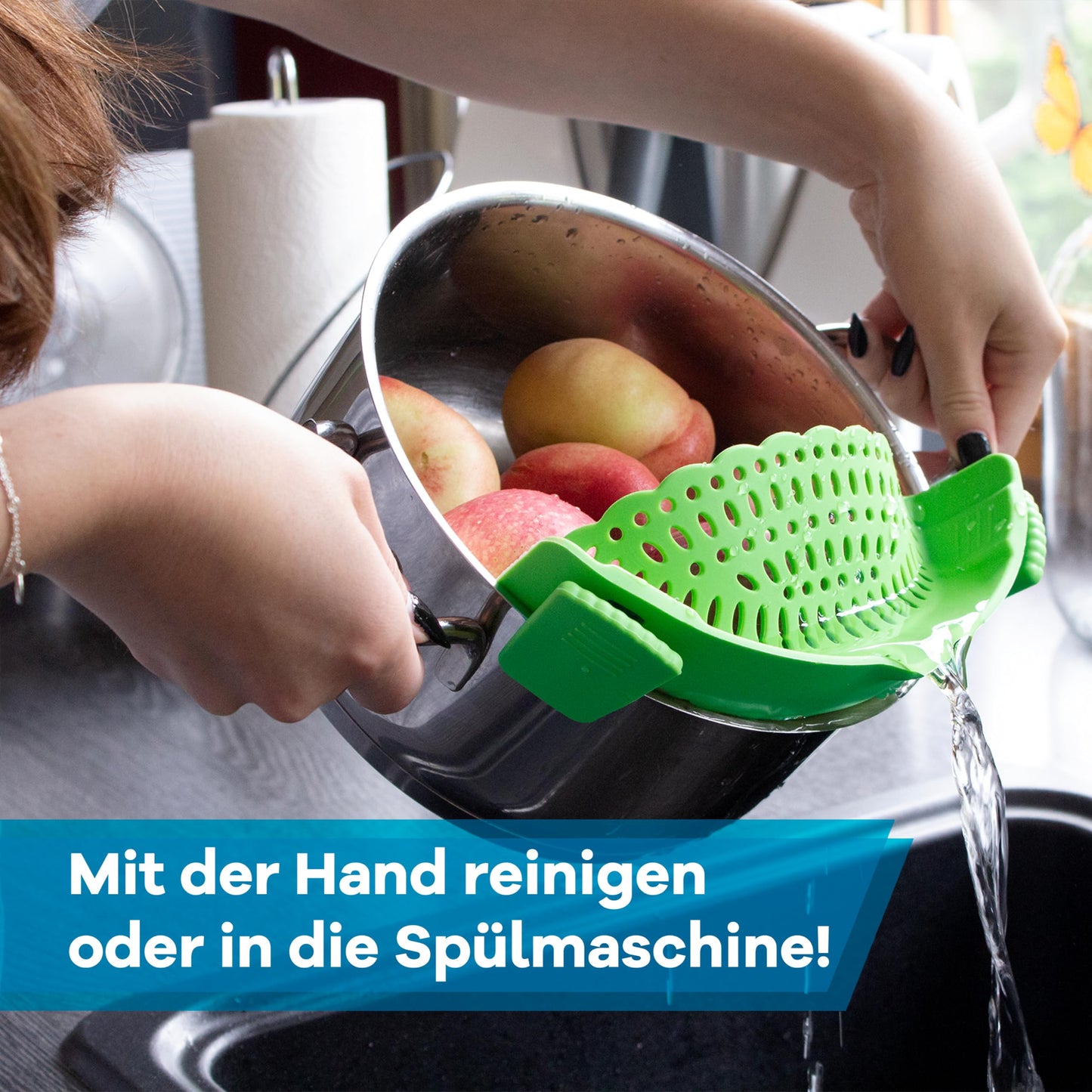 Netrox – Schnappsieb aus Silikon – Nudelsieb Aufsatz zum Einhängen in Topf, Pfanne & Schüssel – spülmaschinenfestes Küchensieb Sieb – Abtropfsieb als perfekte Abgießhilfe Abgiesshilfe für Nudeln Töpfe