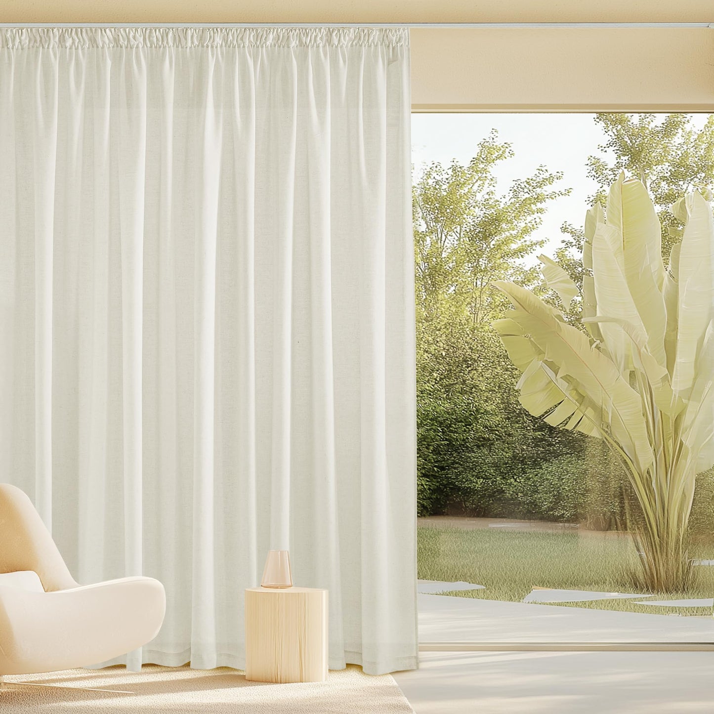 PONY DANCE Leinenvorhang Kräuselband Wohnzimmer Vorhänge Boho 2er Set H 245 x B 140 cm Leinen Gardinen für Schienensystem Leinenoptik Vorhänge Halbtransparent Linen Curtains Living Room, Beige