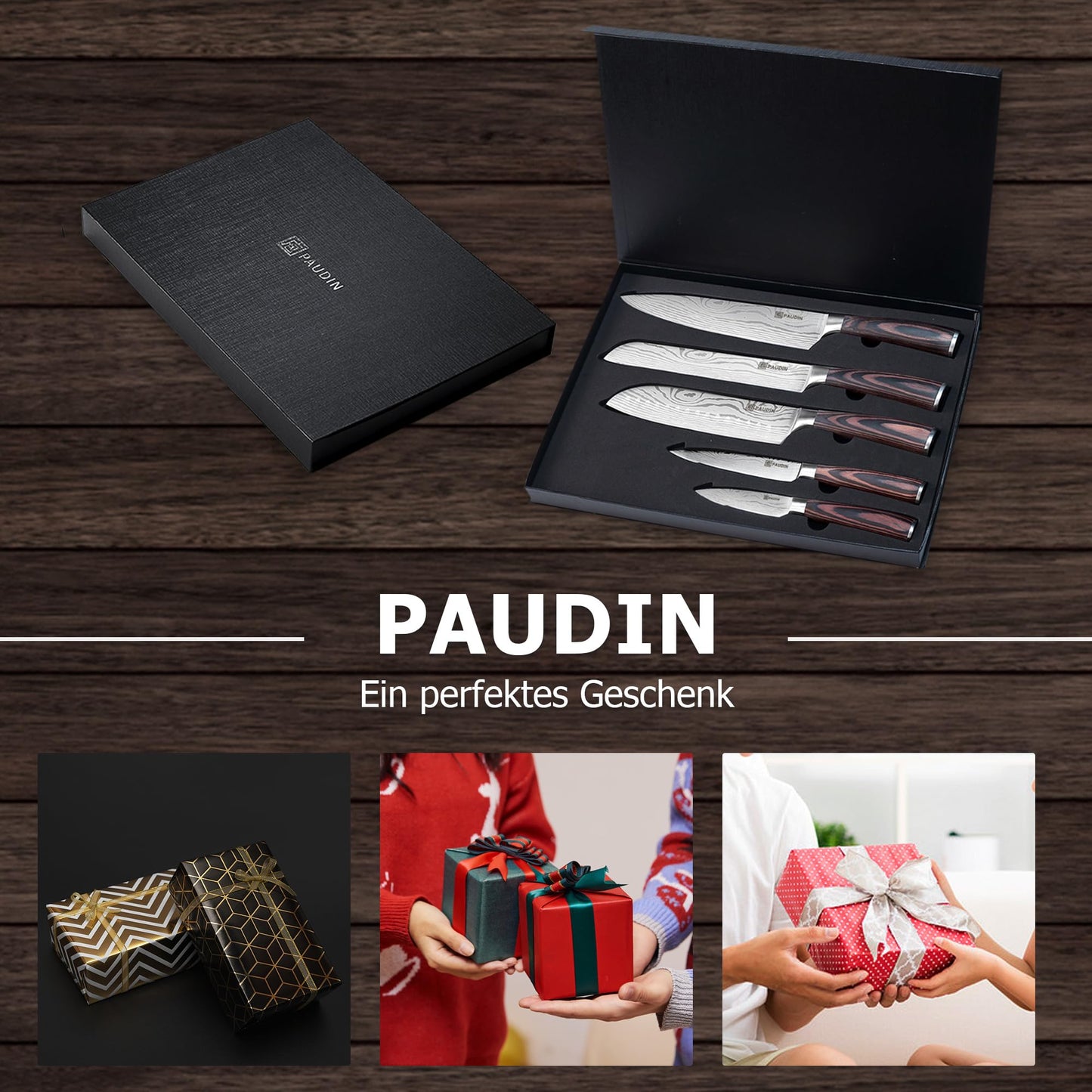 PAUDIN Messerblock, 14-teiliges Messer-Set für die Küche, scharf, hochwertiges deutsches Edelstahlmesser-Set mit Holzblock, Messerschäfer und Schere