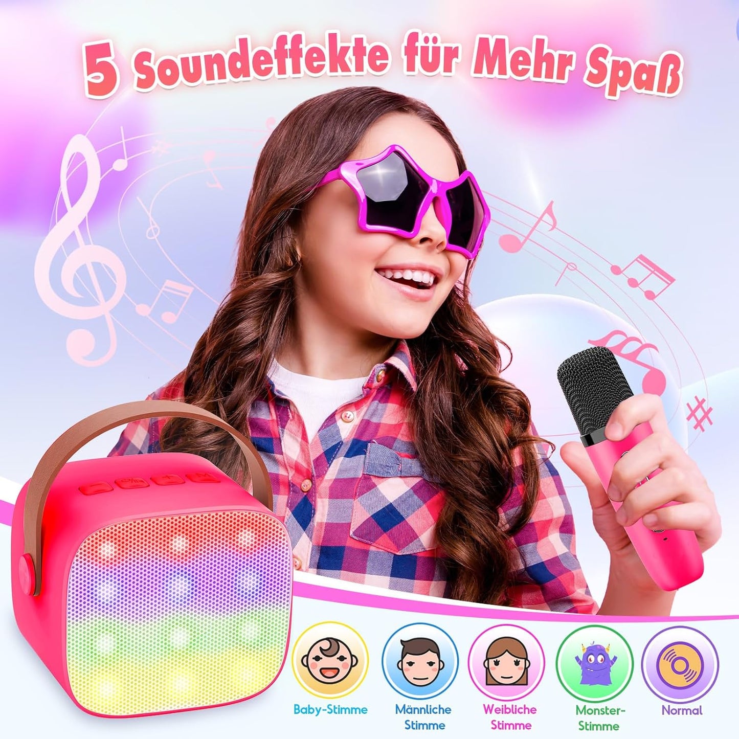 Karaoke Machine with 2 Bluetooth Microphones, Children's Unicorn Christmas Gifts Toy for Girls 3-12 Years, Portable Karaoke Microphone Set with DSP and LED Lights